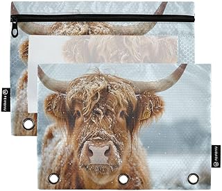 JUMBEAR Bolsillos para carpeta de ganado de las tierras altas de color marrón nieve para carpeta de 3 anillos, paquete de 2, bolsillos con cremallera para oficina, universidad, suministros escolares,