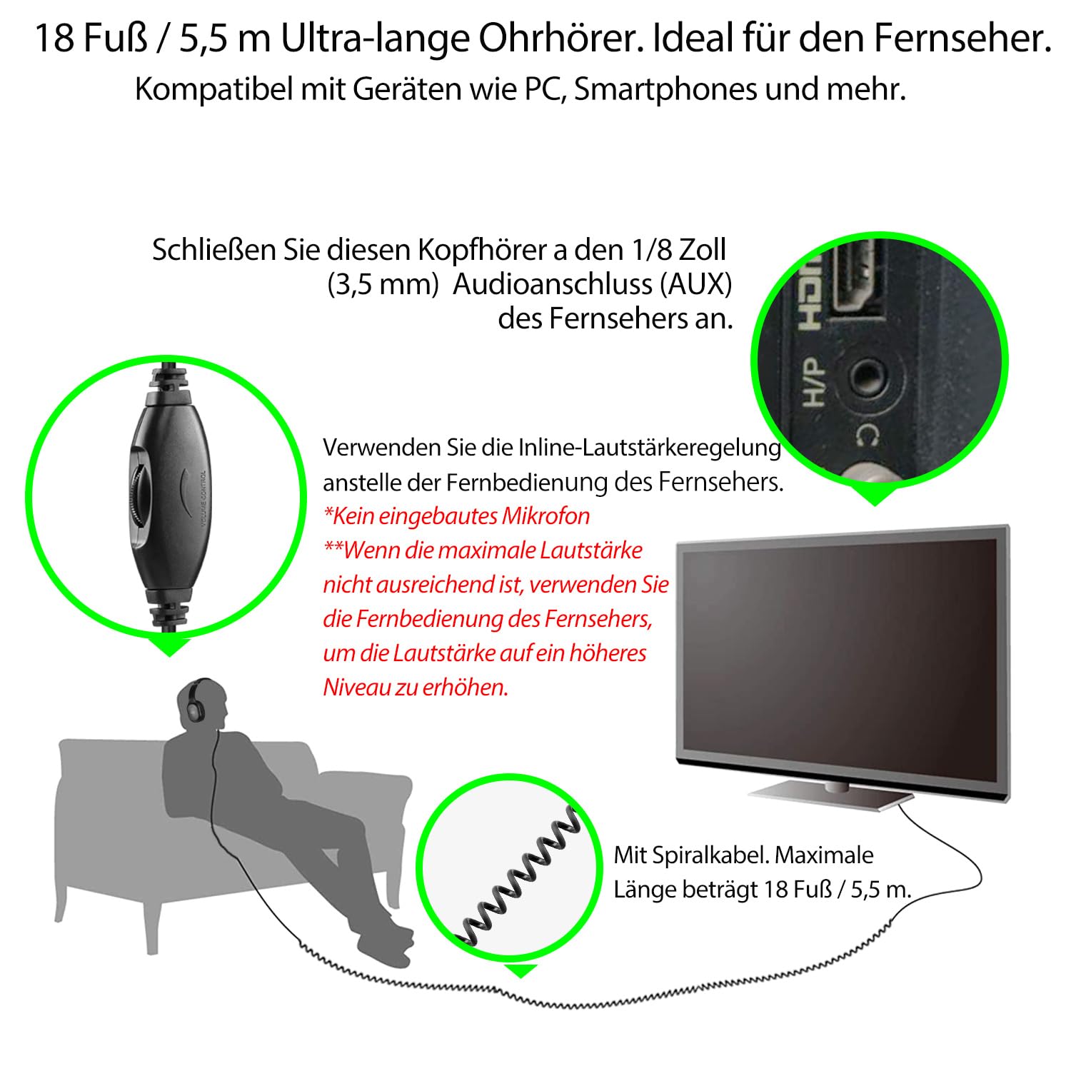 TV Kopfhörer mit extra langem Kabel, 5,5 m Spiralkabel, Lautstärkeregler | Over-Ear Stereo-Kopfhörer mit 5,5 m Spiralkabel und 3,5-mm-Anschluss für TV und PC