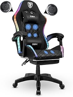 IBK Professional Gaming Chair, Faux Leather, Massaging, Lumbar Support, RGB LED, Bluetooth Speakers, Height Adjustable, Re…