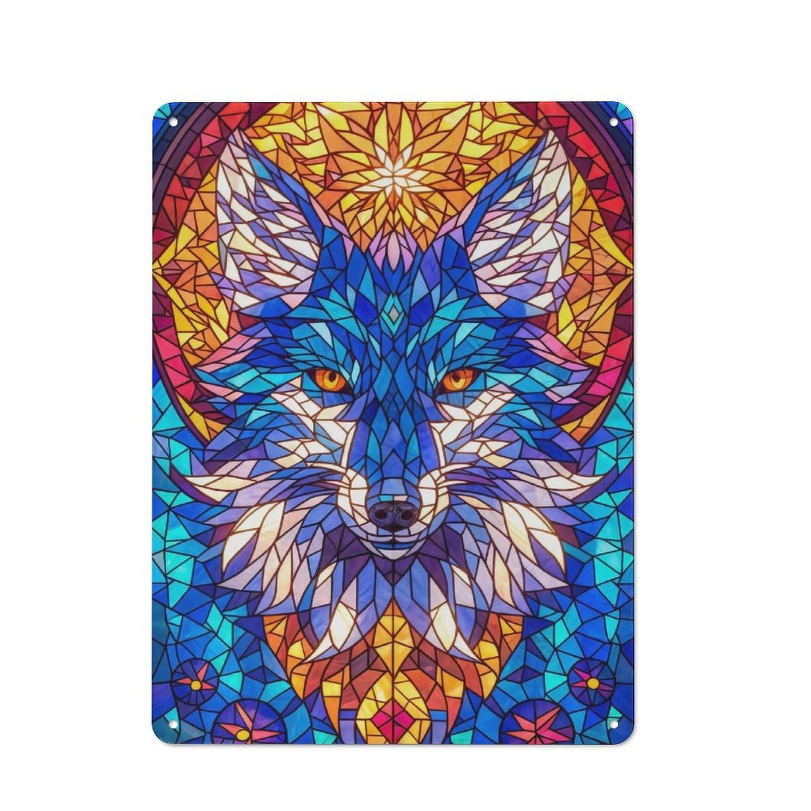 Junmoney Style Wolf Stained Glass Rustic Metal Sign 40X30cm For Garden Room Or Summerhouse, For Themed Interiors In Garden Rooms And Summerhouses