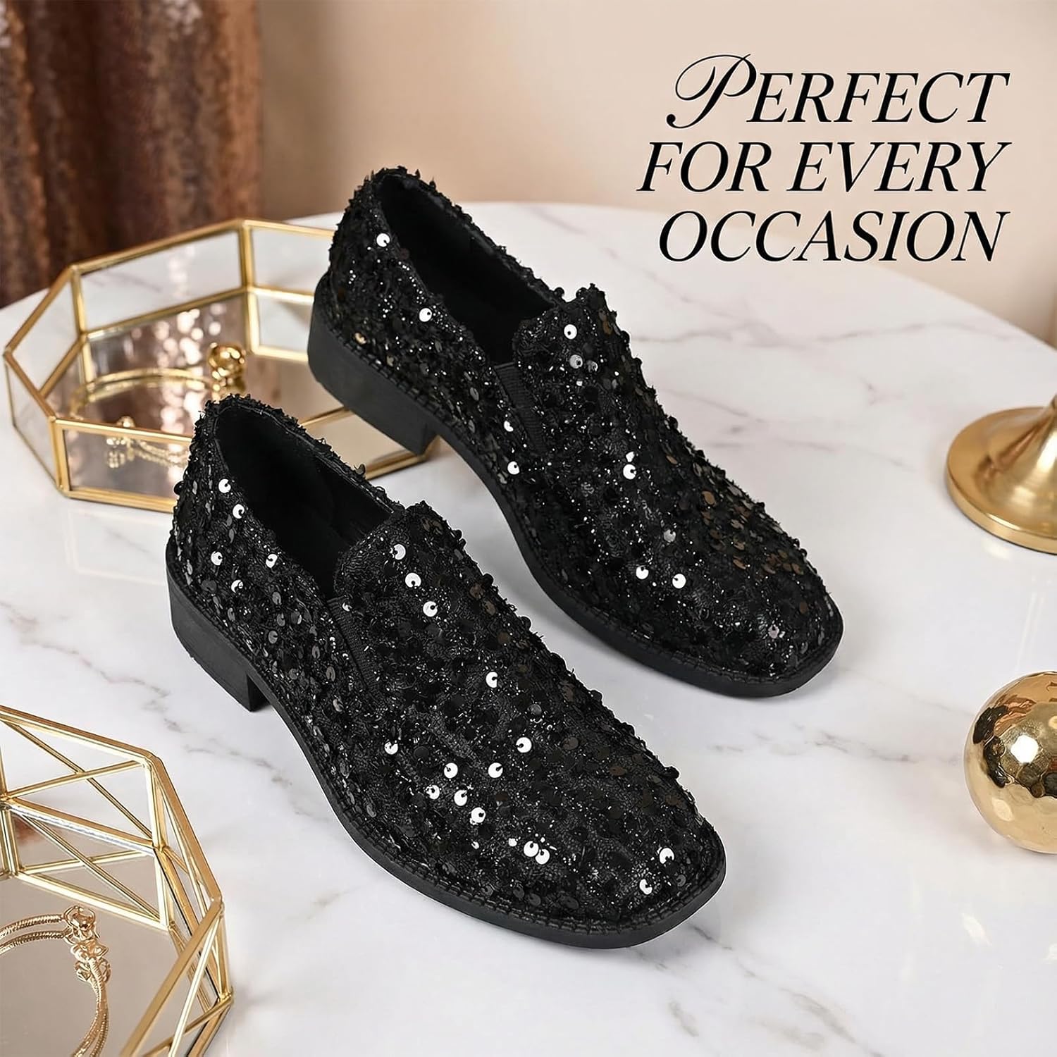 Elegant Women's Slip-On Loafers with Sequin, Black Glitter Slip-On Shoes with Chunky Heel Dress Shoes for Party Wedding - Image 3