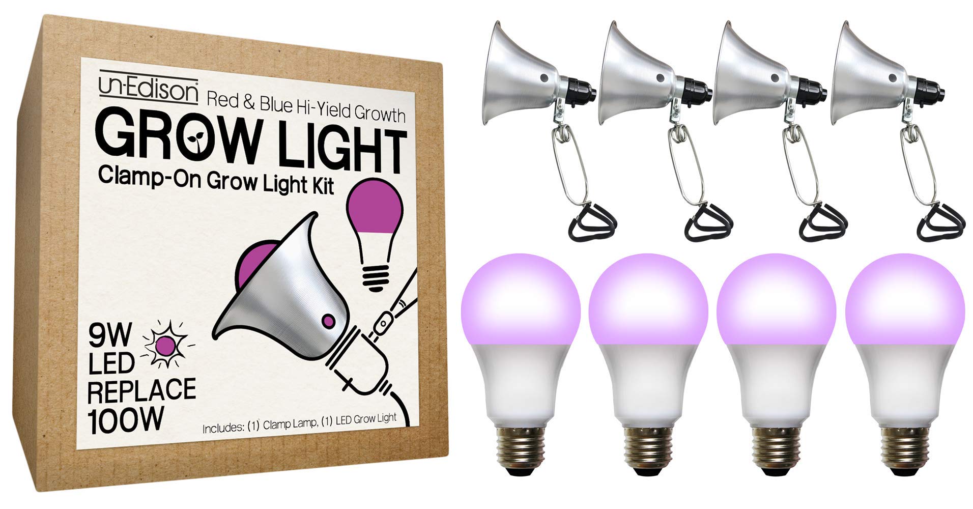 Un-Edison Clamp-On Grow Light Kit with A19 9W LED Red & Blue Spectrum Hi-Yield Growth (4-Pack)