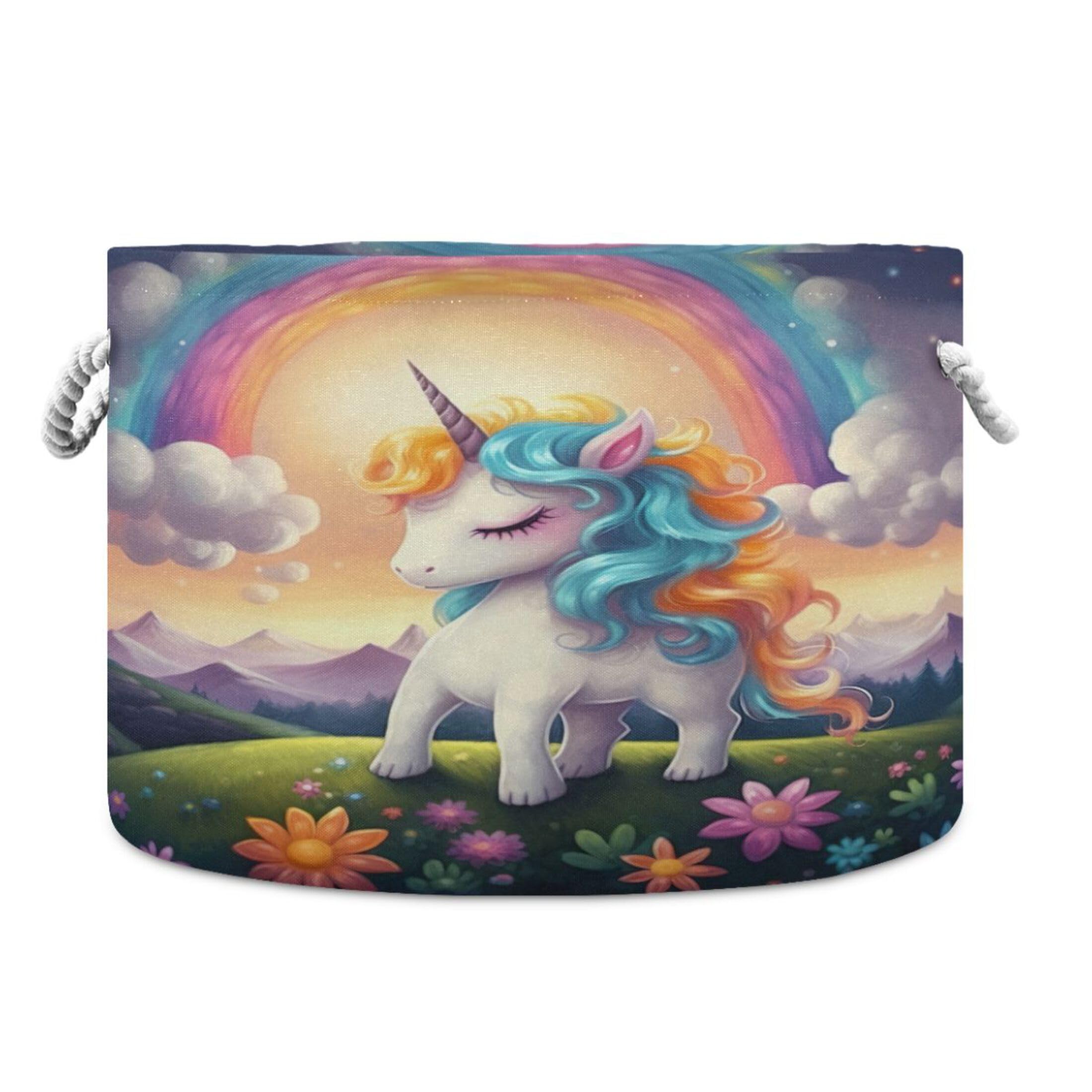UMIRIKO Cute Unicorn Rainbow Toy Storage Bin for Kids Dog Toy Storage Basket Round Canvas Organizer Basket Toy Hamper Laundry Hamper S0401410