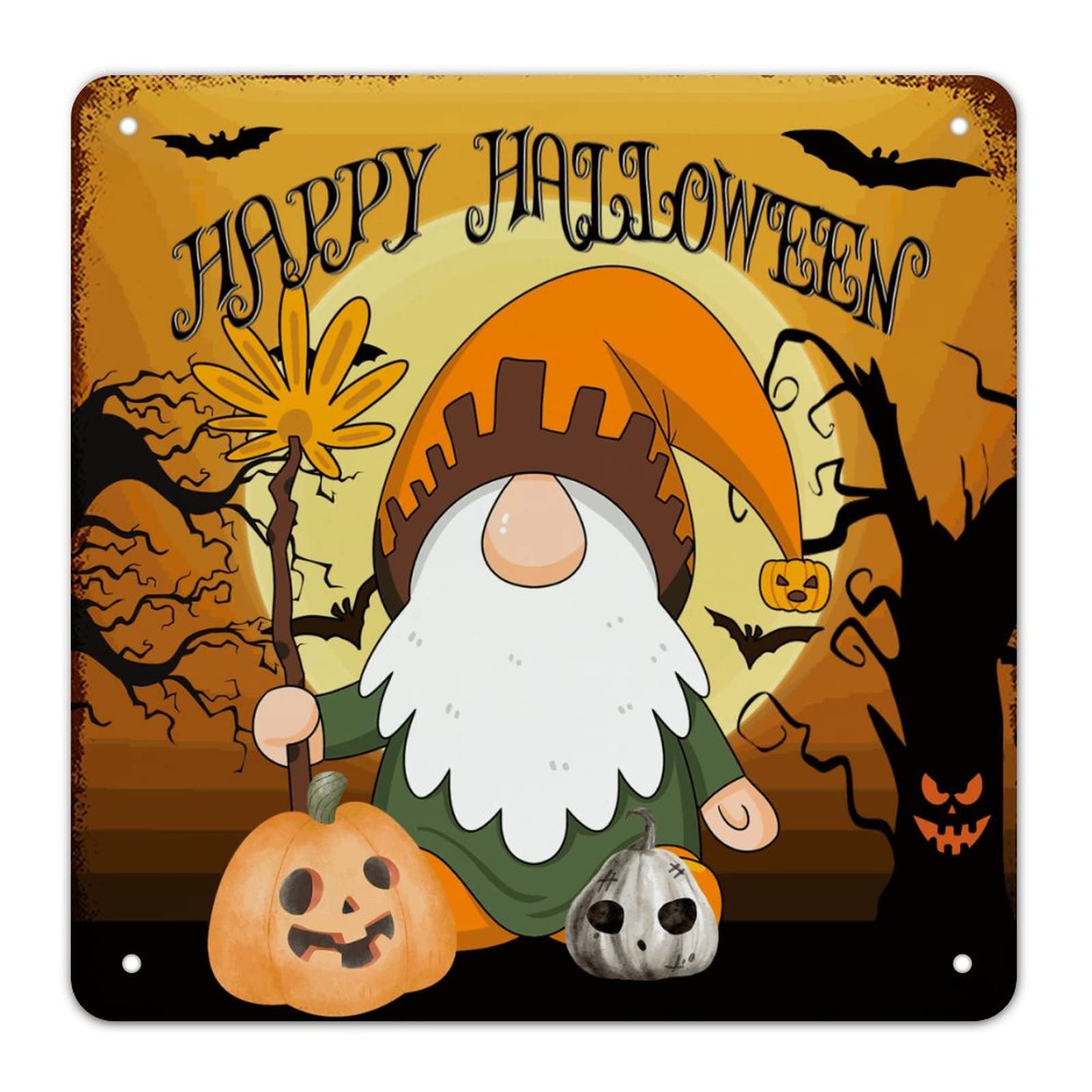Panneau Halloween gnomes de sorcière en métal rustique décoratif de 38cm