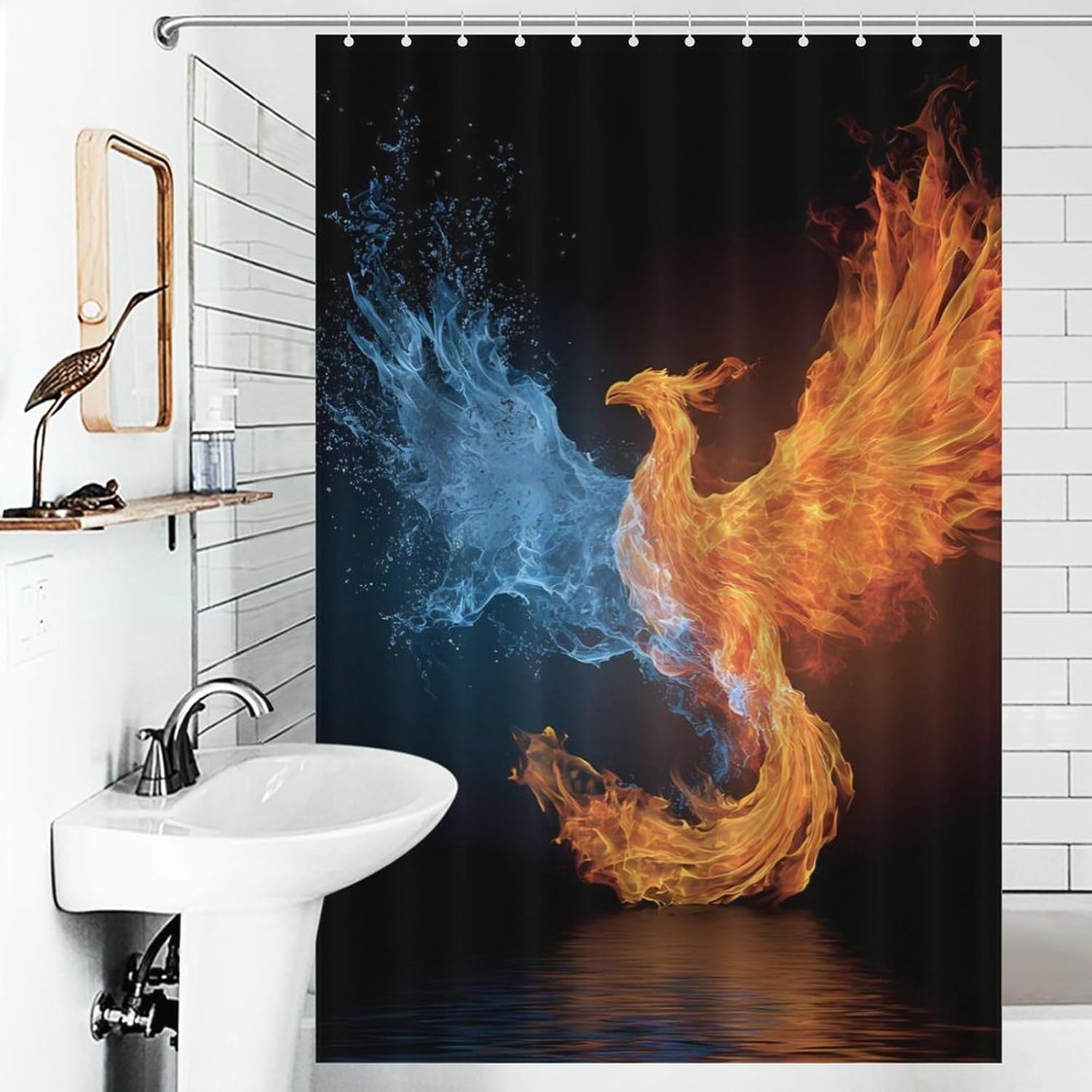Water Ice and Fire Rising Phoenixsbird Shower Curtain 46.85x70.87Inch（119x180cm） Polyester Bath Curtain Shower Curtains Printed Decorative