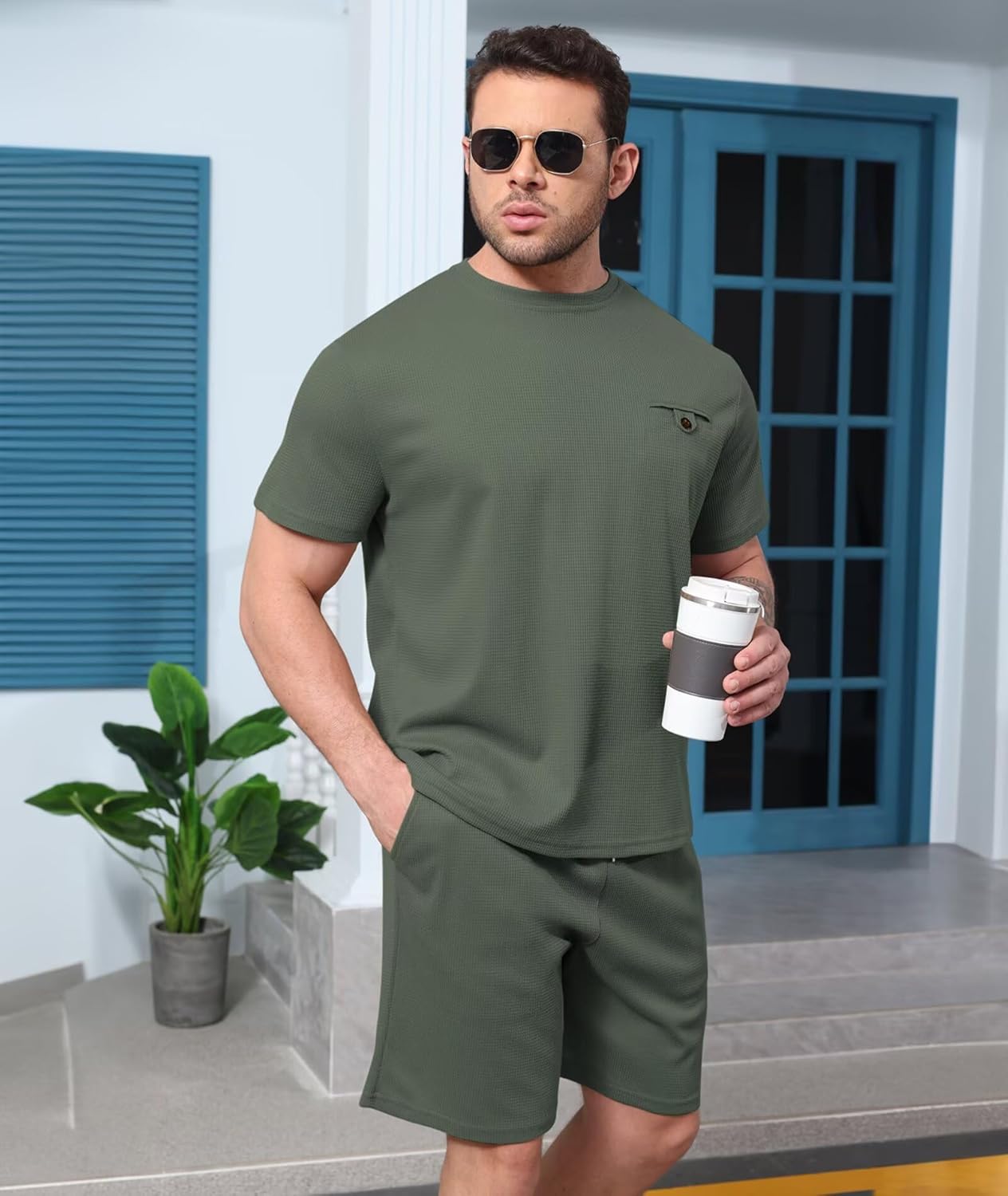 ThusFar Men's Waffle Shirt and Shorts Set 2 Piece Outfits Summer Tracksuits Set with Pockets Athletic Casual Outfits - Image 3