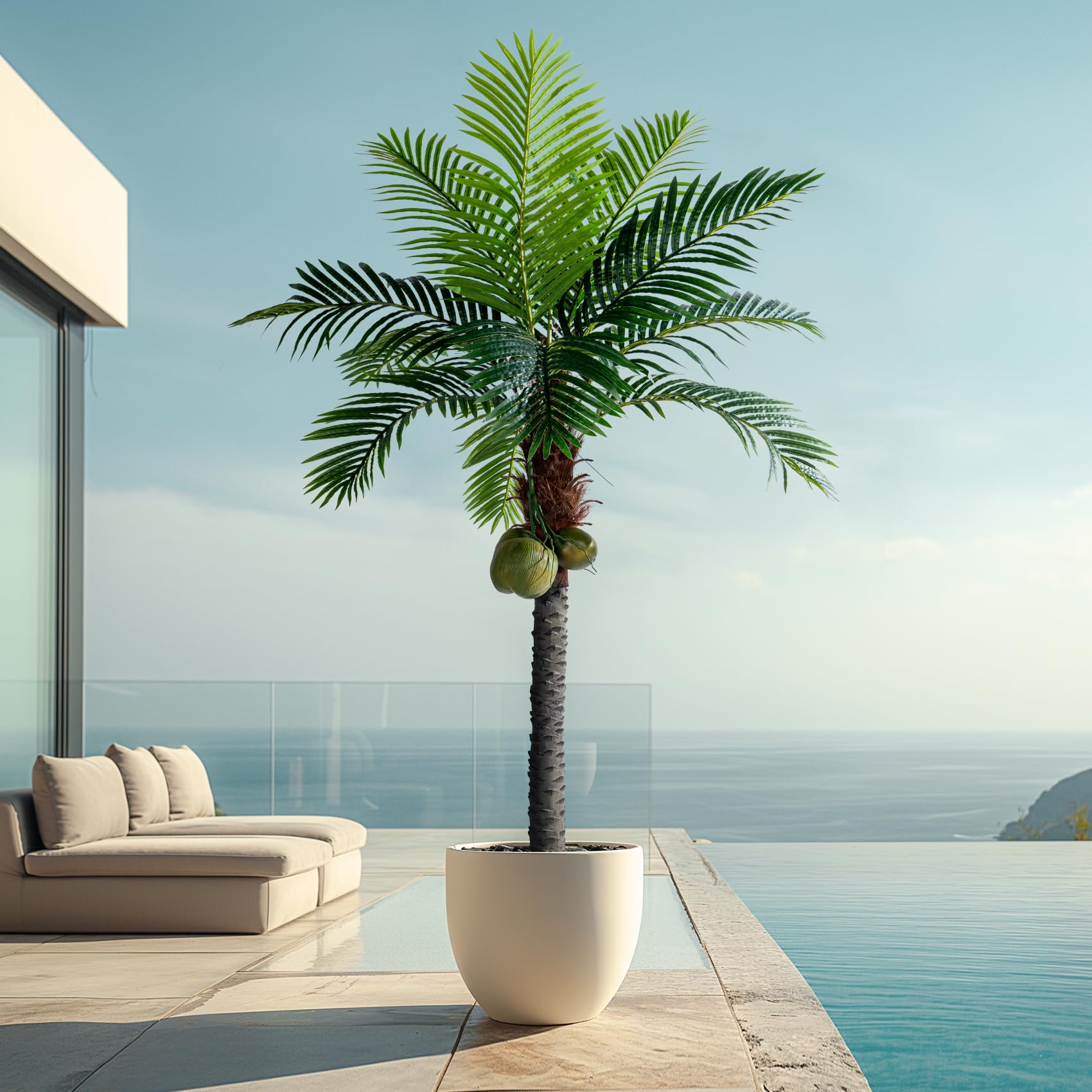 Erimda 6FT Artificial Phoenix Palm Tree with Coconut Fruit Outdoor Indoor Decor Large Faux Coconut Silk Palm Tree Tropical Fake Tree Large Faux Sago Palm Plant for Home Yard Outside Patio Poolside