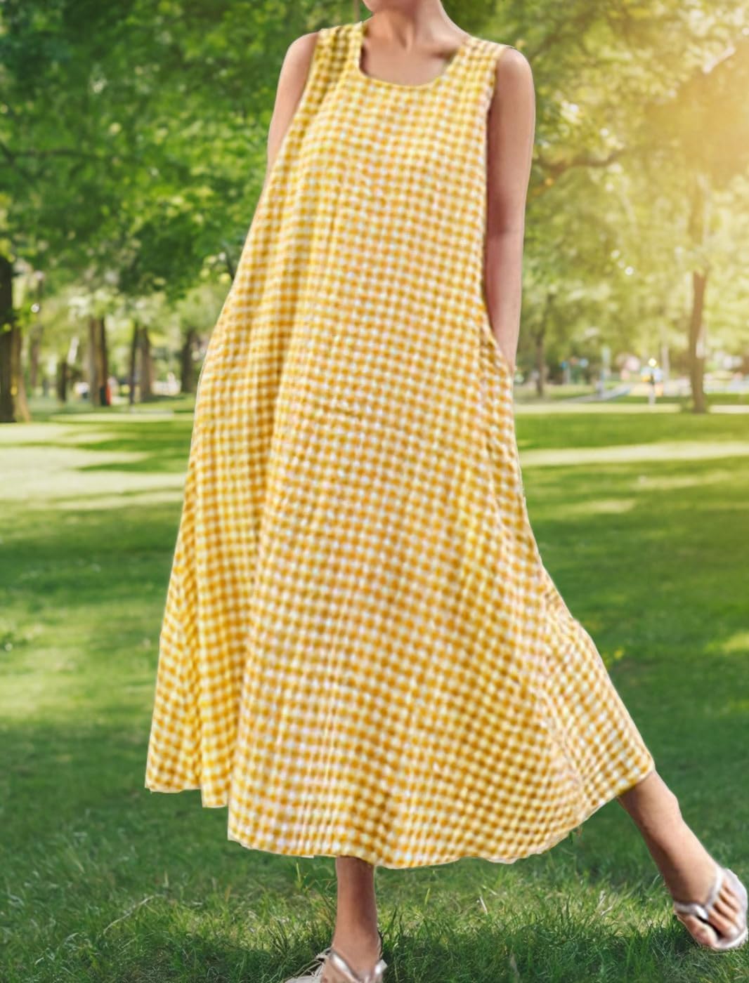 chouyatou Women's Summer Casual Loose-Fit Cotton Plaid Tank Maxi Dress with Pockets Boho Beach Sundress