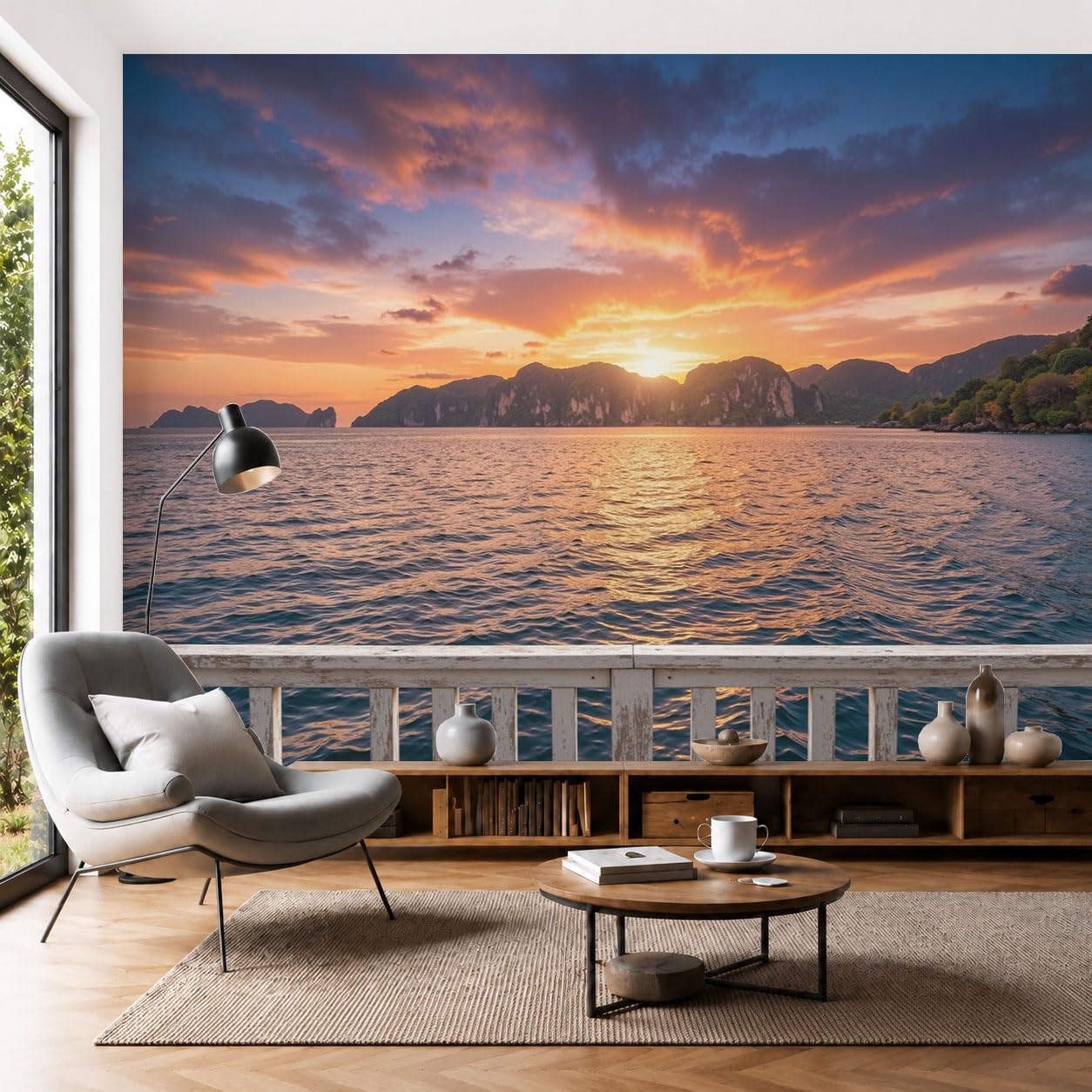 Papier peint panoramique orange or coucher de soleil paysage côtier 450 x 315 cm
