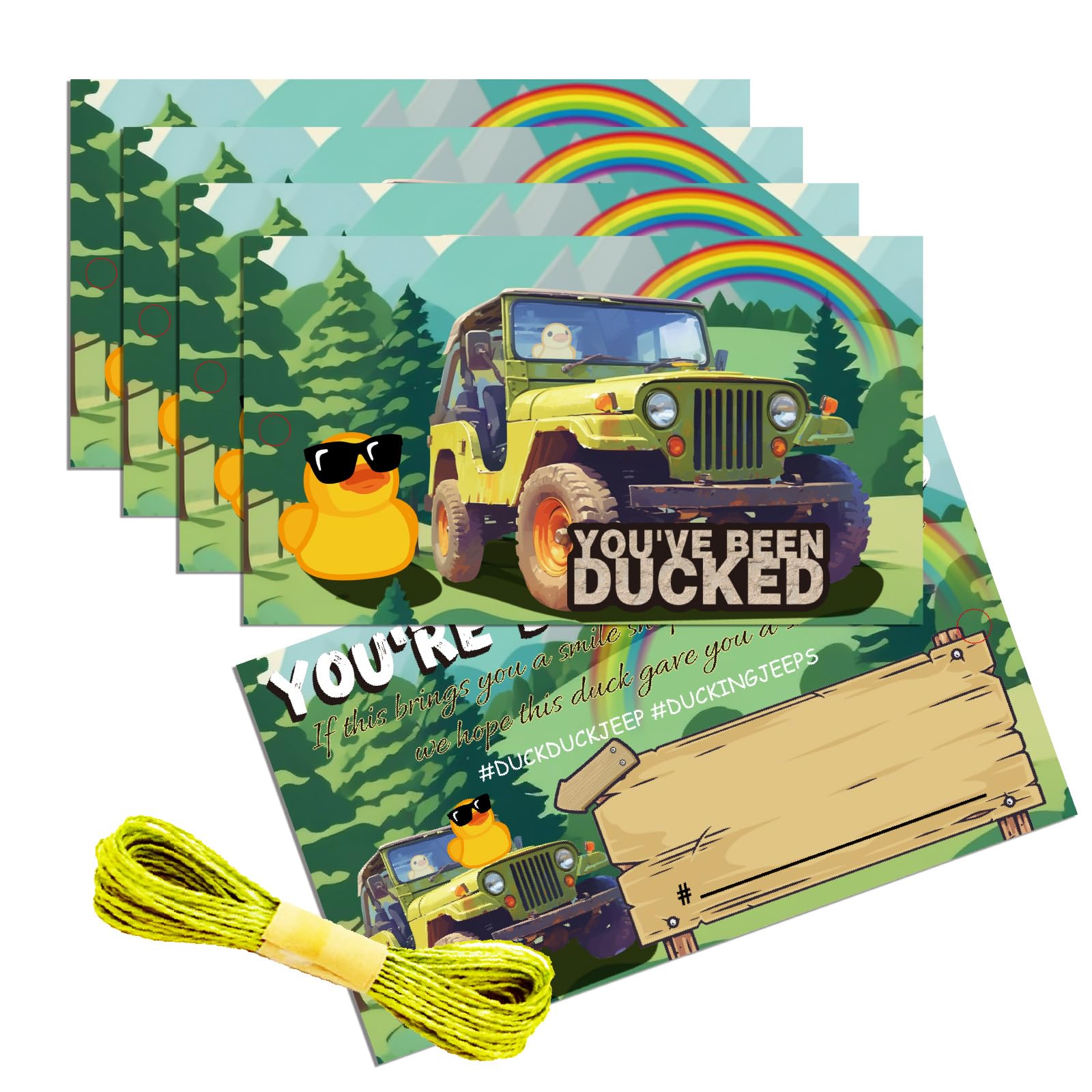 PRESSINART 50Pcs Duck Cards Yellow Duck Tags You've Been Ducked Game Labels 3.5 x 2 Inch Business Card Size Rectangle Green Car Forest Landscape Pattern Design with 4mm Round Hole and 10m Jute Twine
