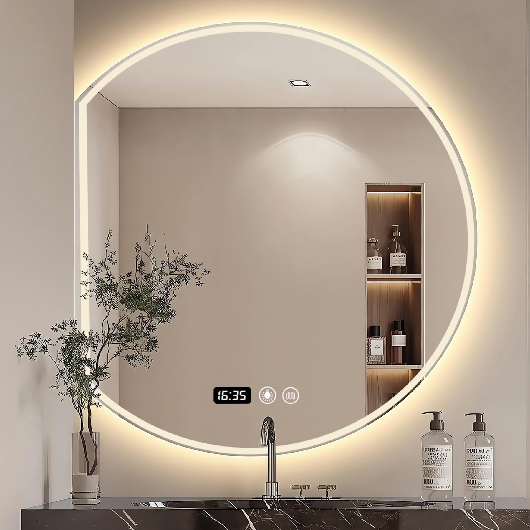 SXFSDOU LED Bathroom Mirror, Round Illuminated Smart Mirror with Backlit & Front Lit, Anti-Fog and Digital Time Display, IP44 Wall Mounted, 60x54cm