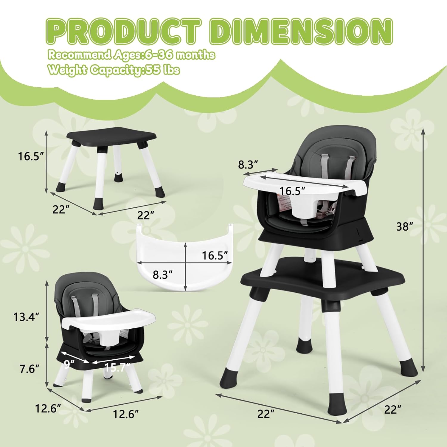 Kinder King 8 in 1 Baby High Chair, Coverts to Dining Booster Seat/Kids Table & Chair Set/Toddler Building Block Table/Kids Stool, Removable Tray & Double Seat Cover, Easy to Wipe, Grey & Black
