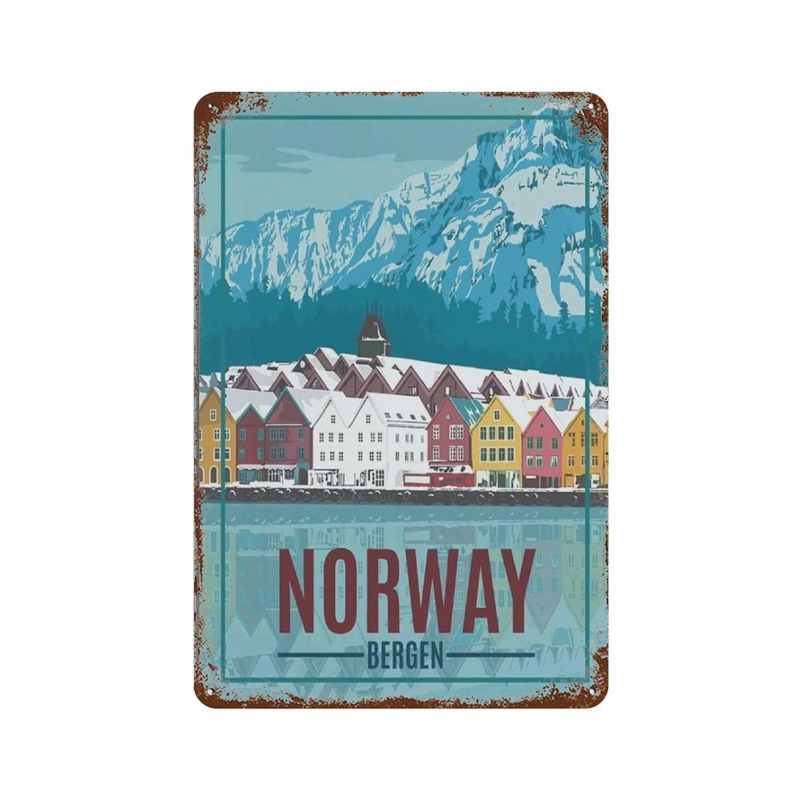 Norway Bergen Townhouse，Funny Tin Sign Retro Metal Sign for Home Farm Toilet Restroom Washroom Wall Decor Gift(30x40cm）12x16 inch-448