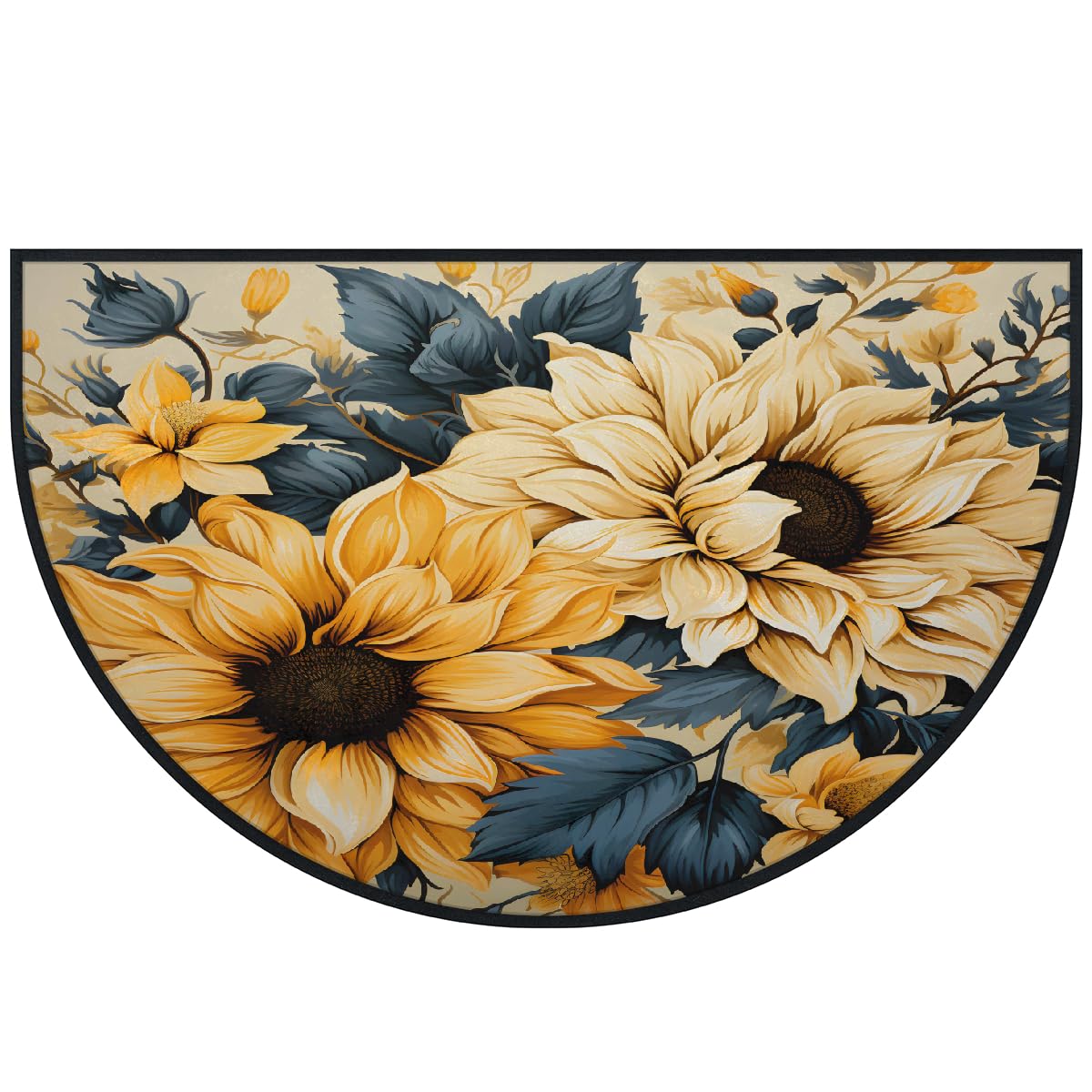 Mexpekil Paillasson bohème motif tournesols en demi-lune pour intérieur et extérieur - Tapis de sol antidérapant - Lavable - Absorbant la saleté - Demi-rond - 100 x 160 cm