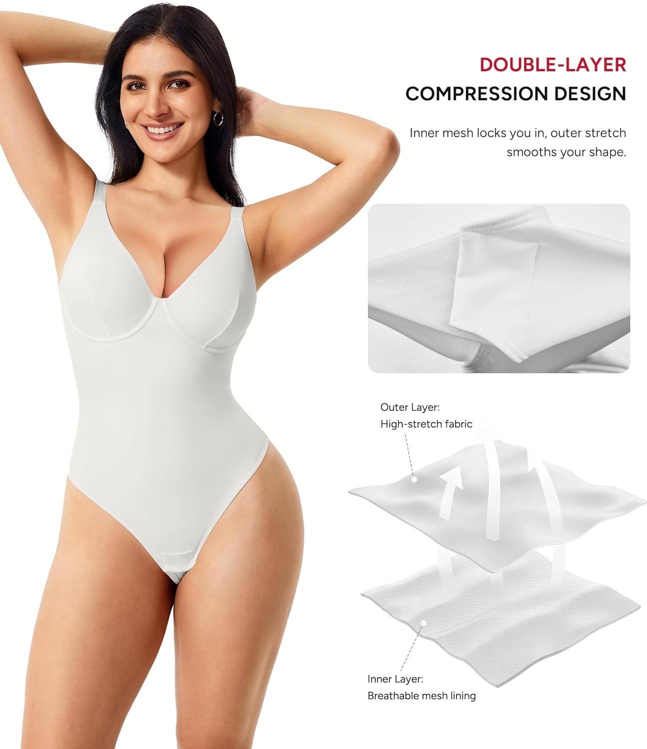 Nebility Shapewear Bodysuits for Women Tummy Control Body Shaper Deep V Neck Thong Body Suits (White,Large) - Image 5