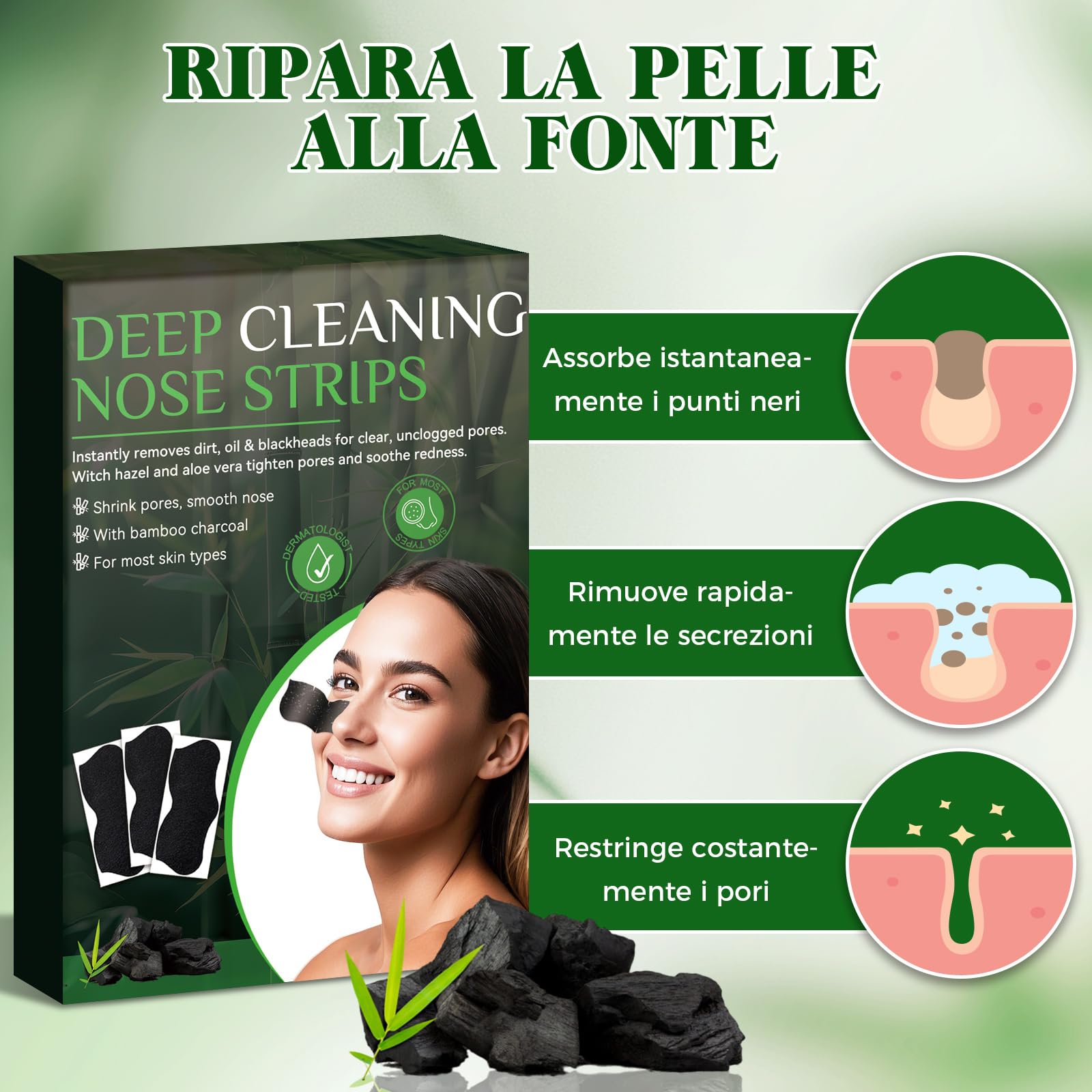 Punti Neri Rimozione, 80pcs Carbone Cerotti Togli Punti Neri Naso per Una Pulizia Profonda, Liberando i Pori, Efficace e Delicata Nose Strips per Tutti i Tipi di Pelle