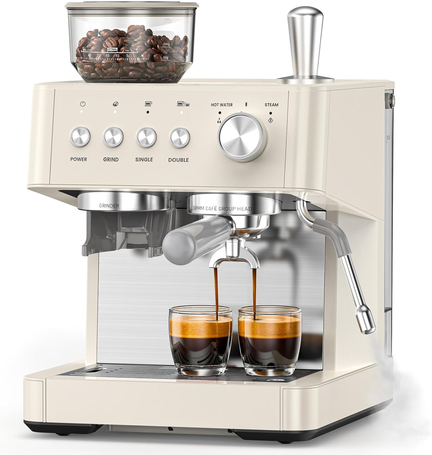 (2026 Upgrade) 15 Bar Espresso Machine with Built-in Anti-Clog Coffee Grinder, Expresso Coffee Machines with Milk Steam Wand/Frother/Tamping Tools,Espresso Maker with Grinder for Lattes-Almond