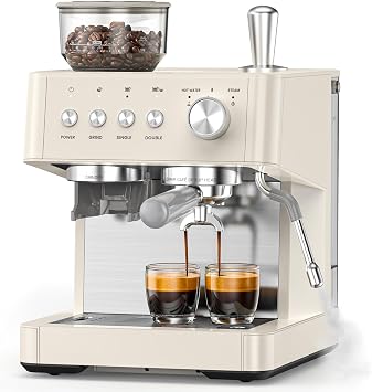 2026 Upgrade 15 Bar Espresso Machine with Built-in Anti-Clog Coffee Grinder, Expresso Coffee Machines with Milk Steam Wand/Frother/Tamping Tools,Espresso Maker with Grinder for Lattes-Almond