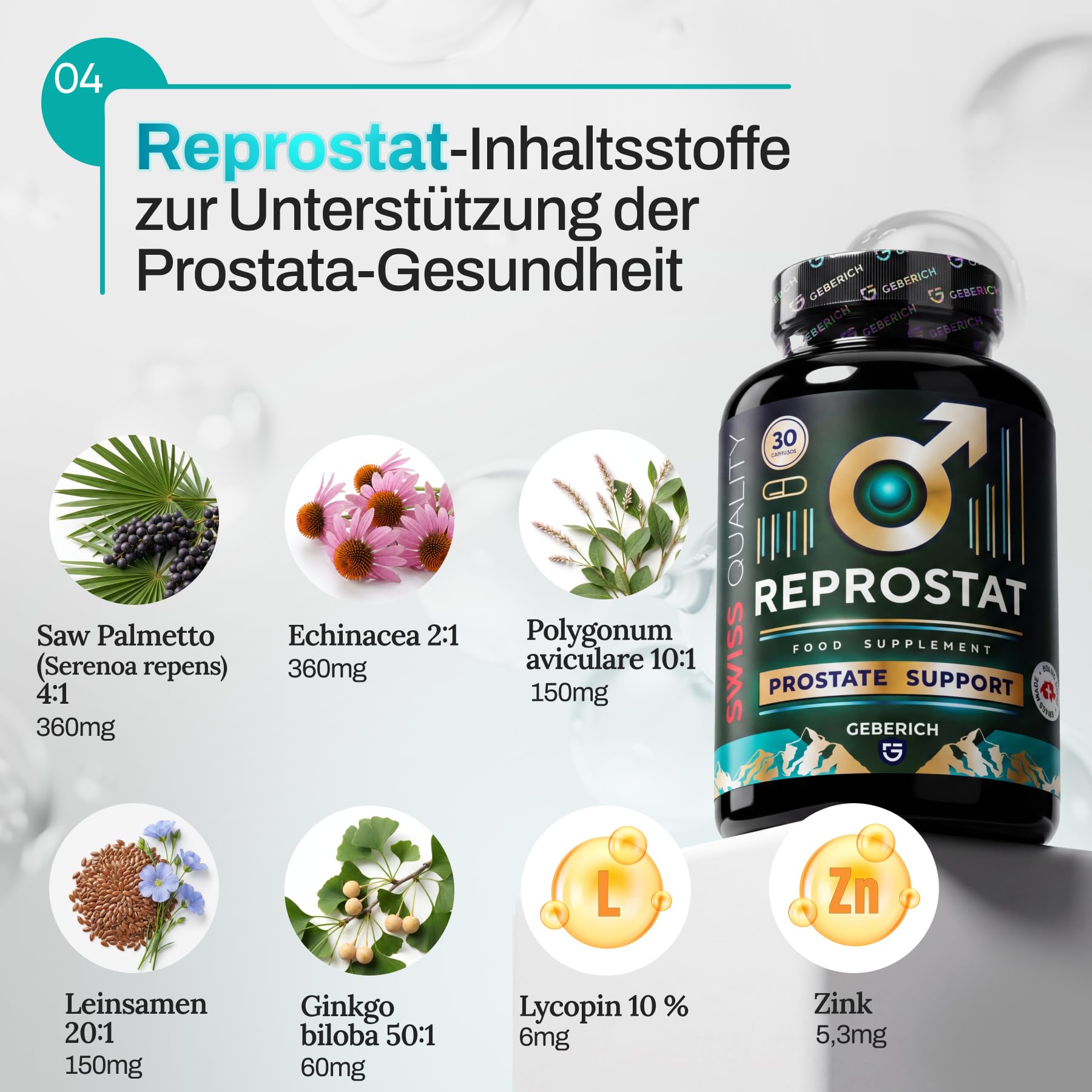 Kapseln REPROSTAT | Unterstützung für die Prostata | Serenoa repens 360 mg + Echinacea 360 mg | Harnkomfort | mit Leinsamen, Ginkgo biloba, Lycopin und Zink | 30 Kapseln