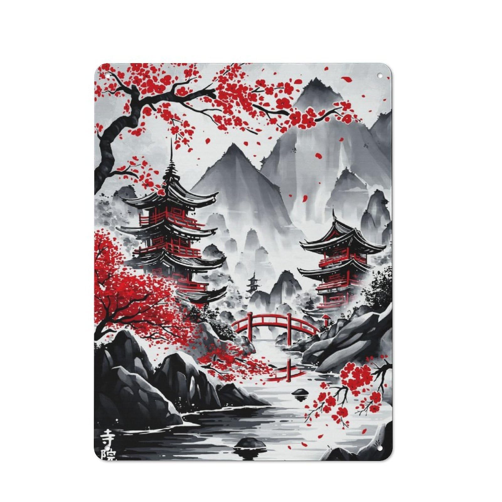 Metal Sign 40x30cm with Japanese Temples Ink Wash for Workshop Wall, Rustic Decor, for Collectors Decorating Workshops And Hobby Rooms