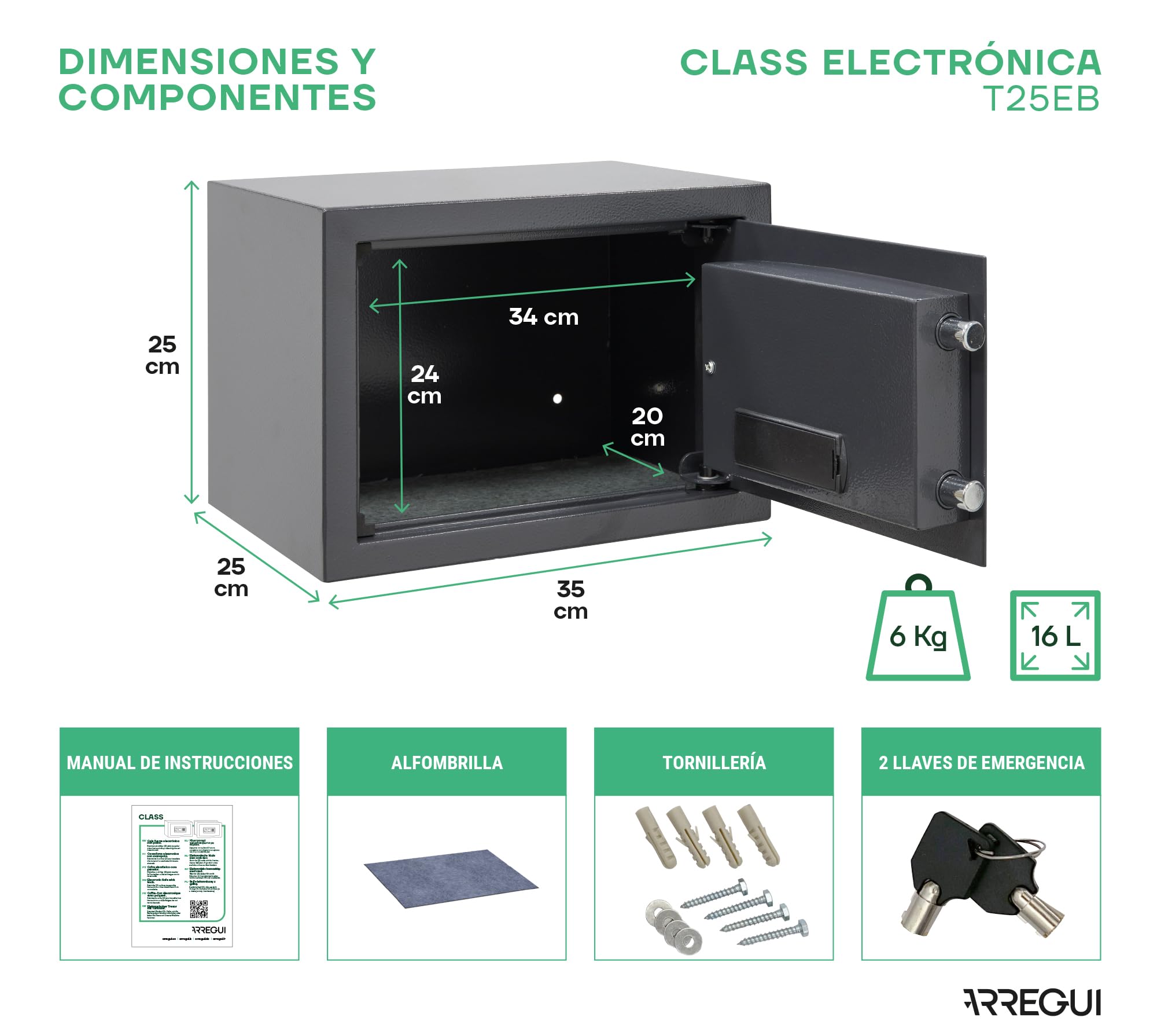 ARREGUI Class T25EB Caja Fuerte para el Hogar de Apertura con Codigo Programable | Caja de Seguridad para Casa | 25 x 35 x 25 cm | Caja Fuerte de Acero con Llave de Emergencia | 17 L