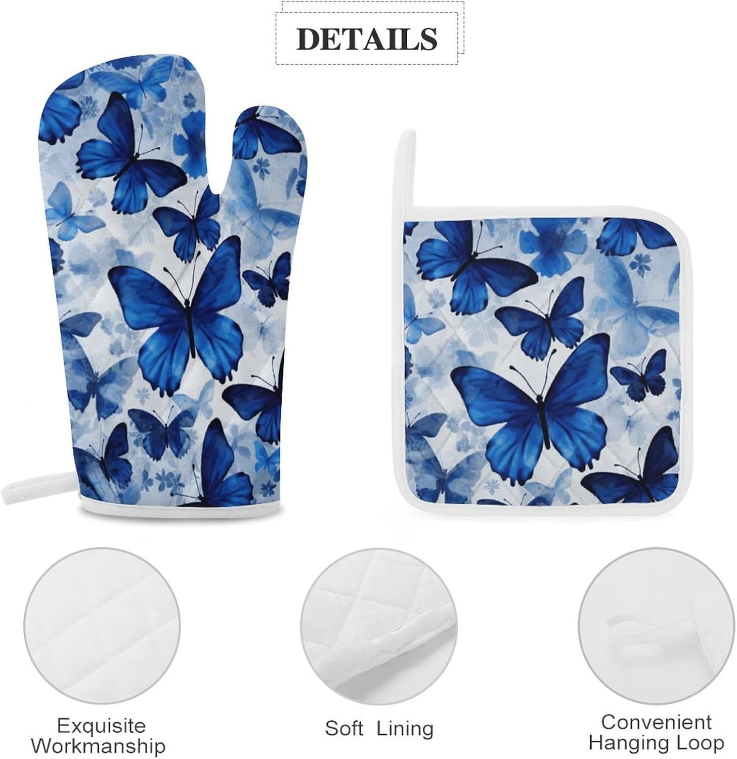 Oven Mitts Pot Holders Kitchen Blue Butterflies Heat Resistant Oven Glove for Baking and Cooking