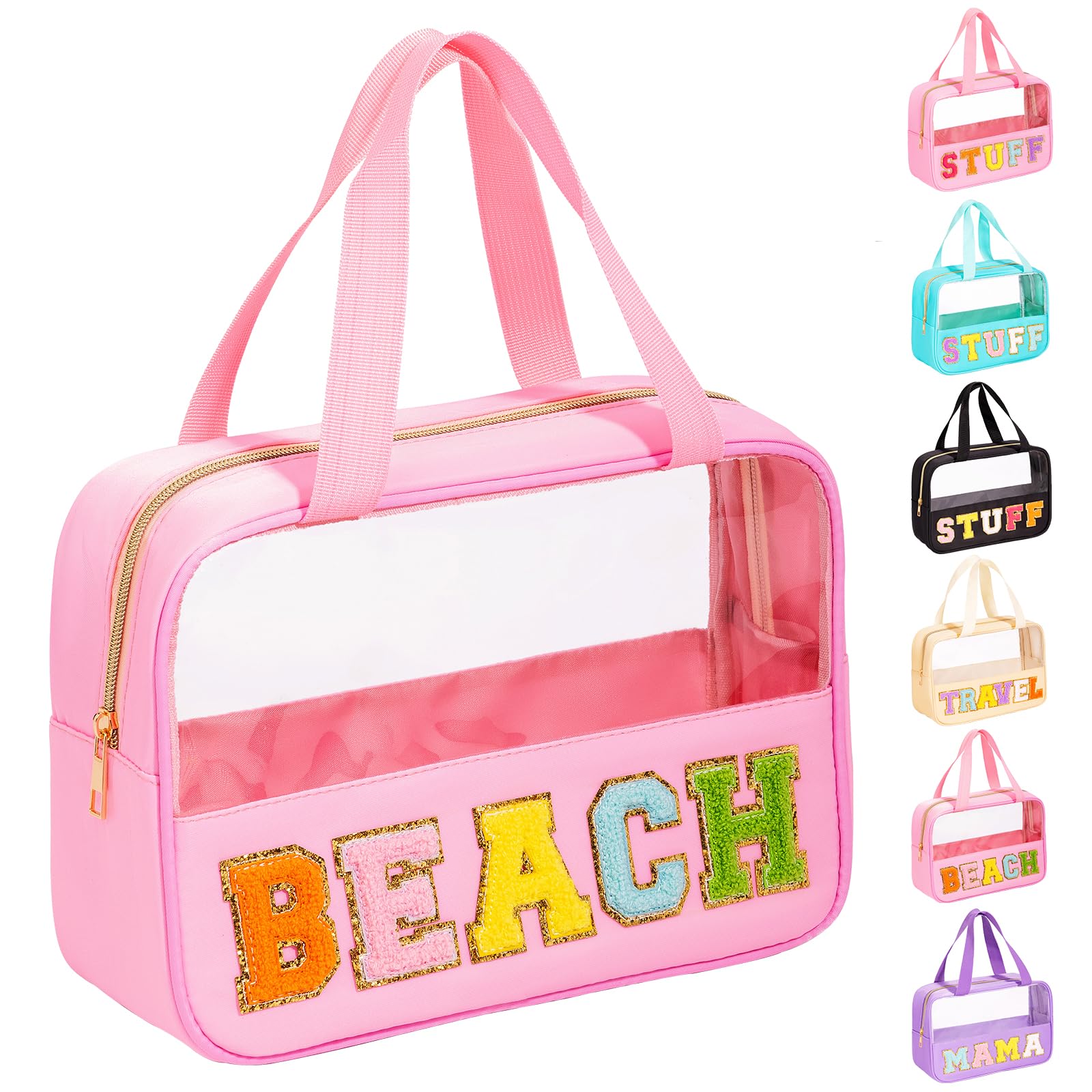 eurovicky Chenille Letter Patch Clear Makeup Bag, Preppy PVC&Nylon Makeup Bag with Handle and Zipper, Waterproof Large Clear Travel Toiletry Bag Storage Bag for Women