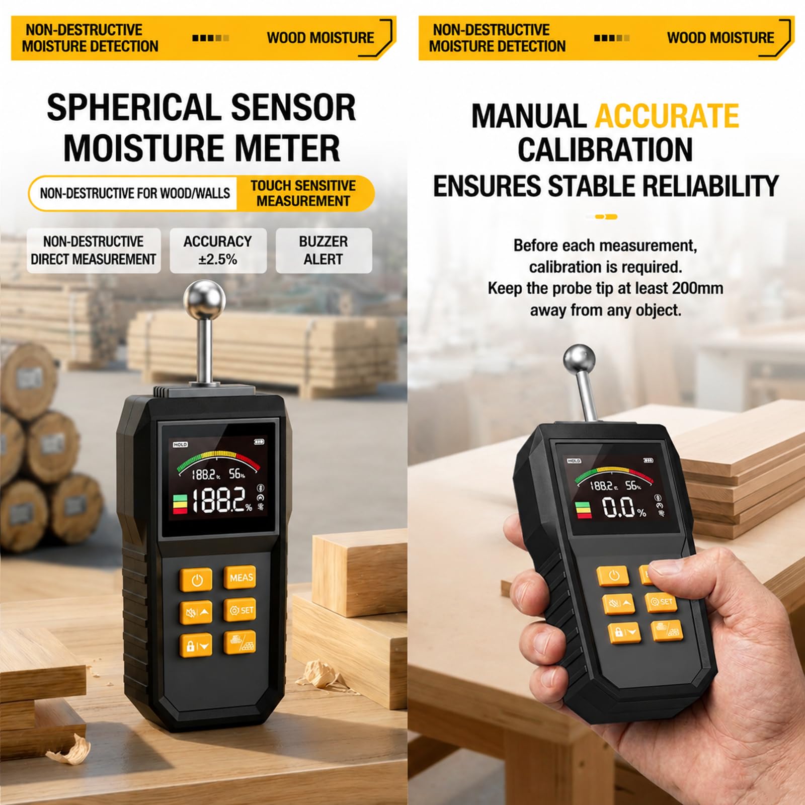 Medidor De Humedad De Hormigón Inductivo No Destructivo con Sonda De Bola, Profundidad De Detección De 5–40 Mm, con Alarma Sonora, Función De Retención De Datos Y Calibración Manual