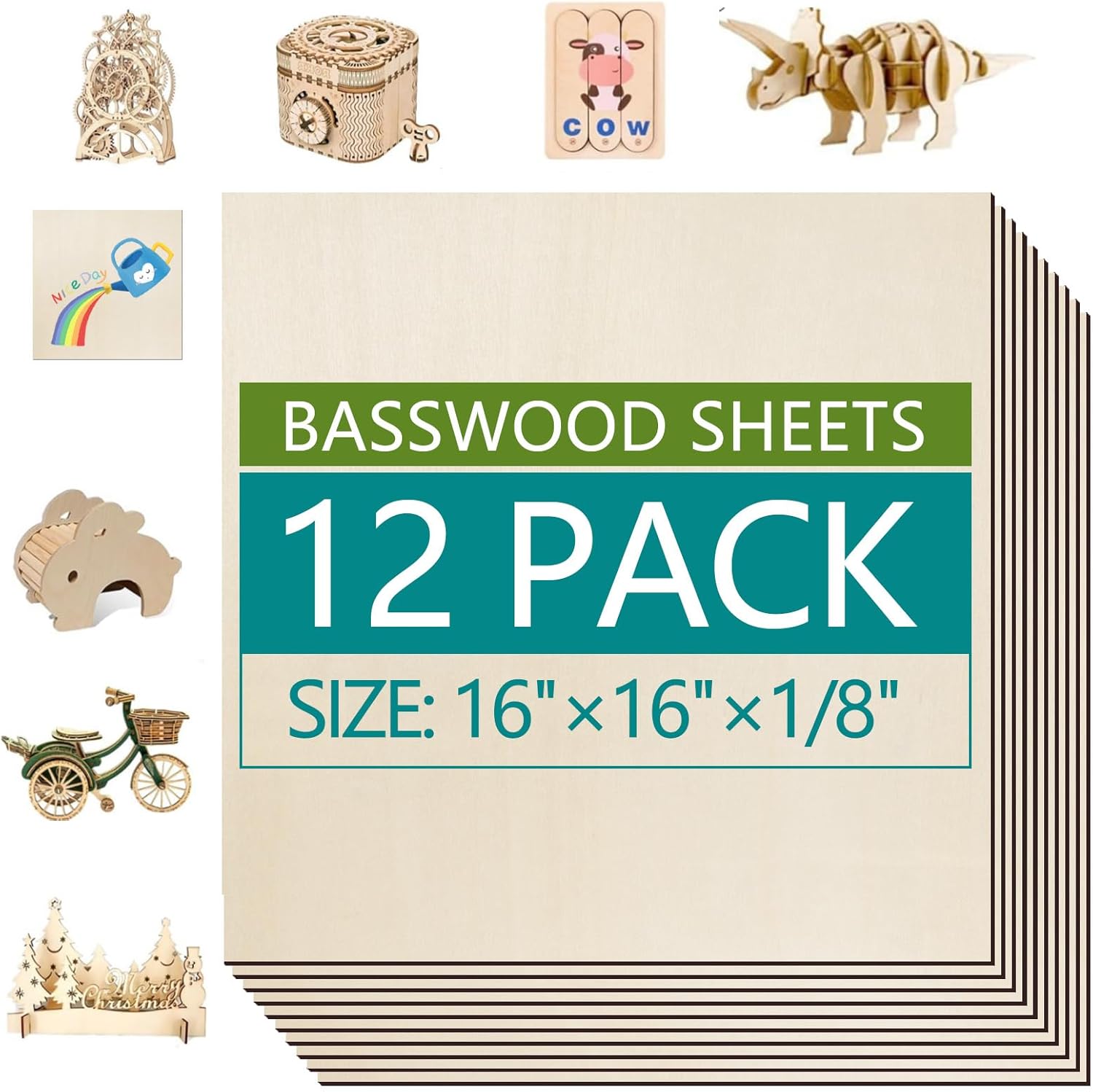 12 Pack Basswood Sheets 1/8×16×16 Inch, Balsa Wood Sheets, Unfinished Wood Boards for Crafts, Laser Engraving Blanks, 3mm Basswood for Laser Cutting DIY Ornaments and Models 1/8 Inch-12 pack 16"×16"