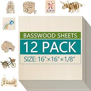 12 Pack Basswood Sheets 1/8×16×16 Inch, Balsa Wood Sheets, Unfinished Wood Boards for Crafts, Laser Engraving Blanks, 3mm Basswood for Laser Cutting DIY Ornaments and Models