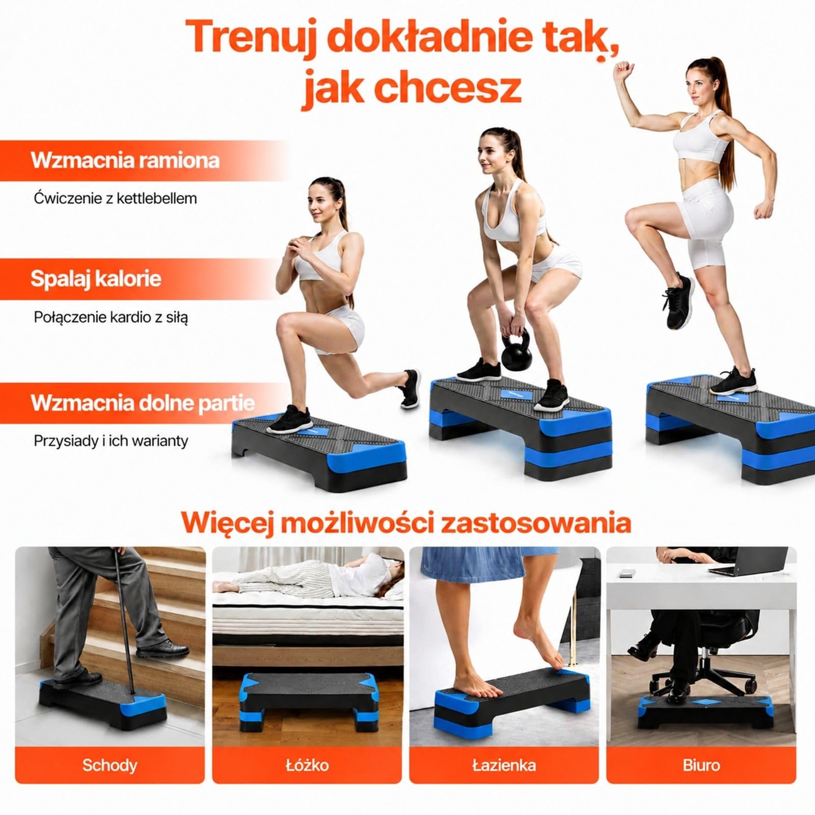Regulowany step do aerobiku z PP, niebiesko-czarny podest do ćwiczeń w domu, cardio i treningu siłowego