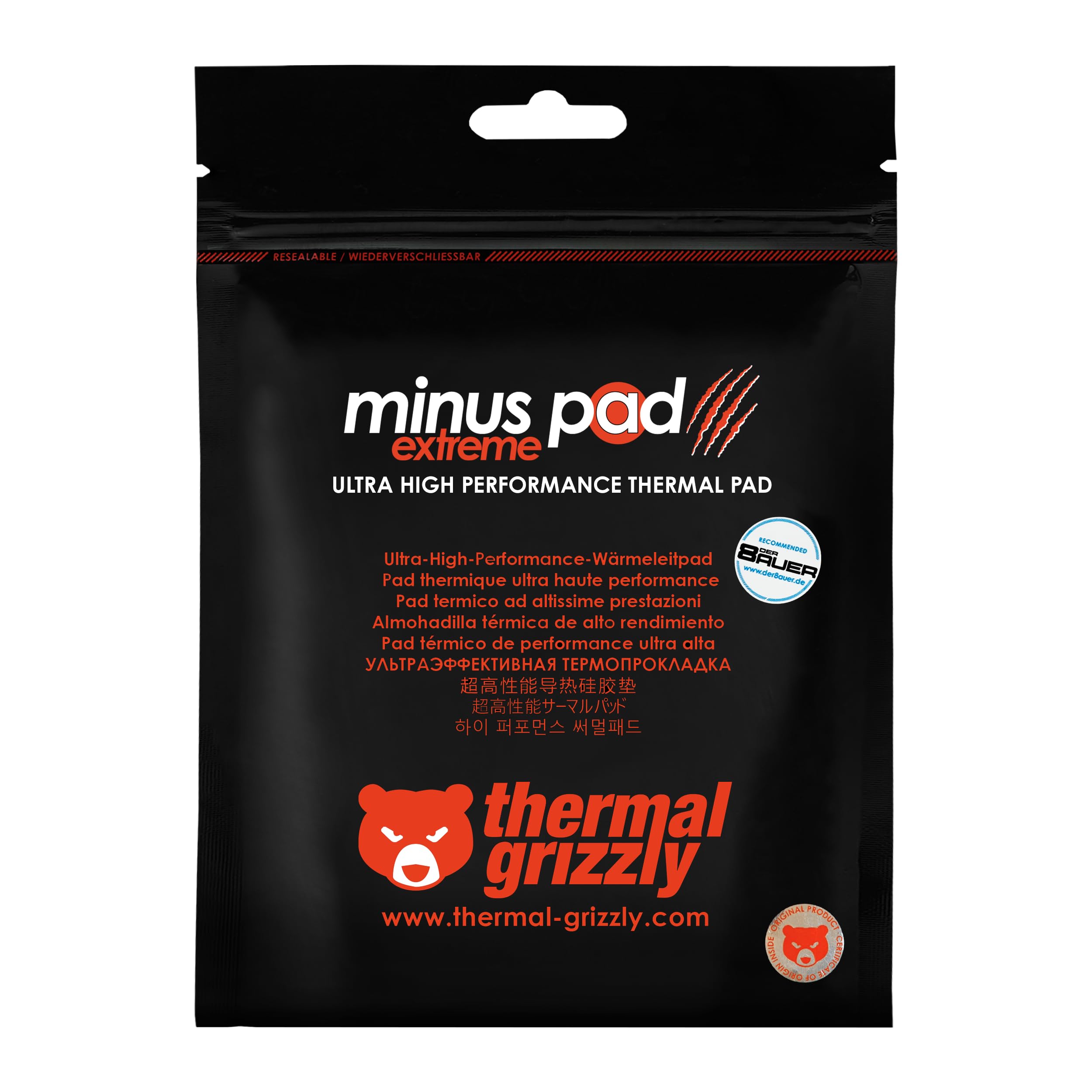 Thermal Grizzly - Minus Pad Extreme (100x100x1,0mm) - elektrisch Nicht leitendes Wärmeleitpad, extreme hohe Wärmeleitfähigkeit und Komprimierbarkeit für SSDs, GPUs, Konsolen und Elektronik
