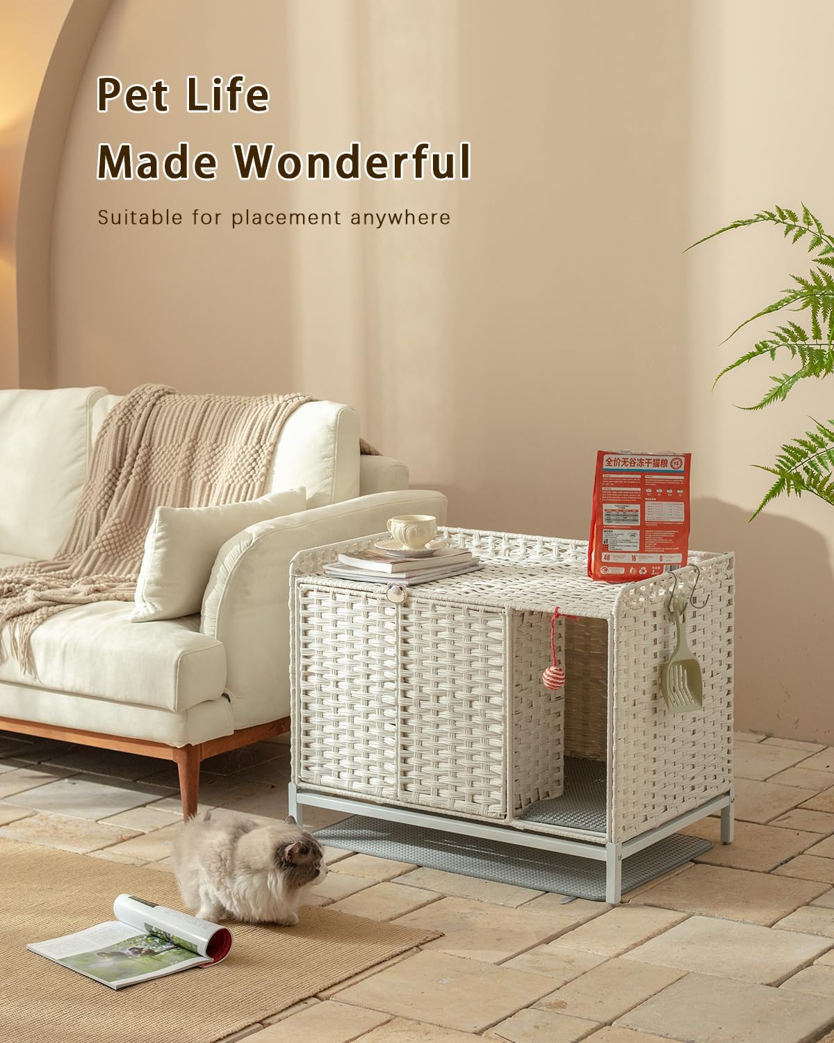Cat Litter Box Enclosure, Cat Litter Box Enclosure Furniture with Cat Litter Mat, Handwoven Rattan Cat House with Metal Heightened Feet, 31.2×19.6×24.2 Inches Living Room, Bedroom（White）