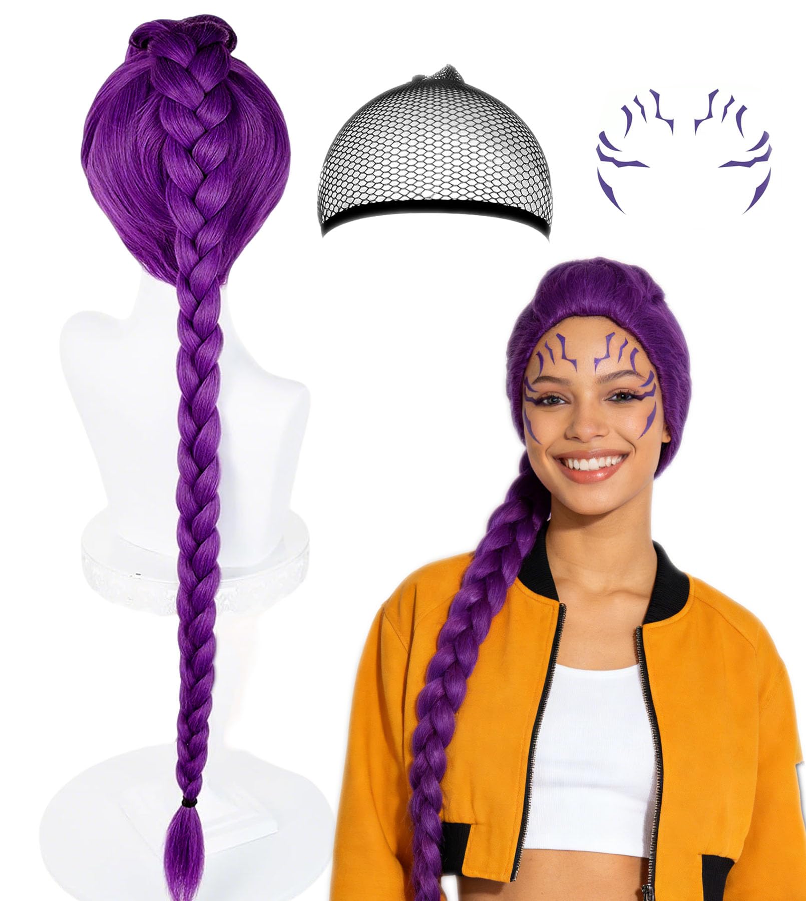 39.37 Inch Long Purple Braid Wig, Purple Ponytail Anime Cosplay Wigs For Halloween, Costume Accessories, Party, Cartoon Movie For Women With Temporary Face Tattoos Stickers, Wig Cap