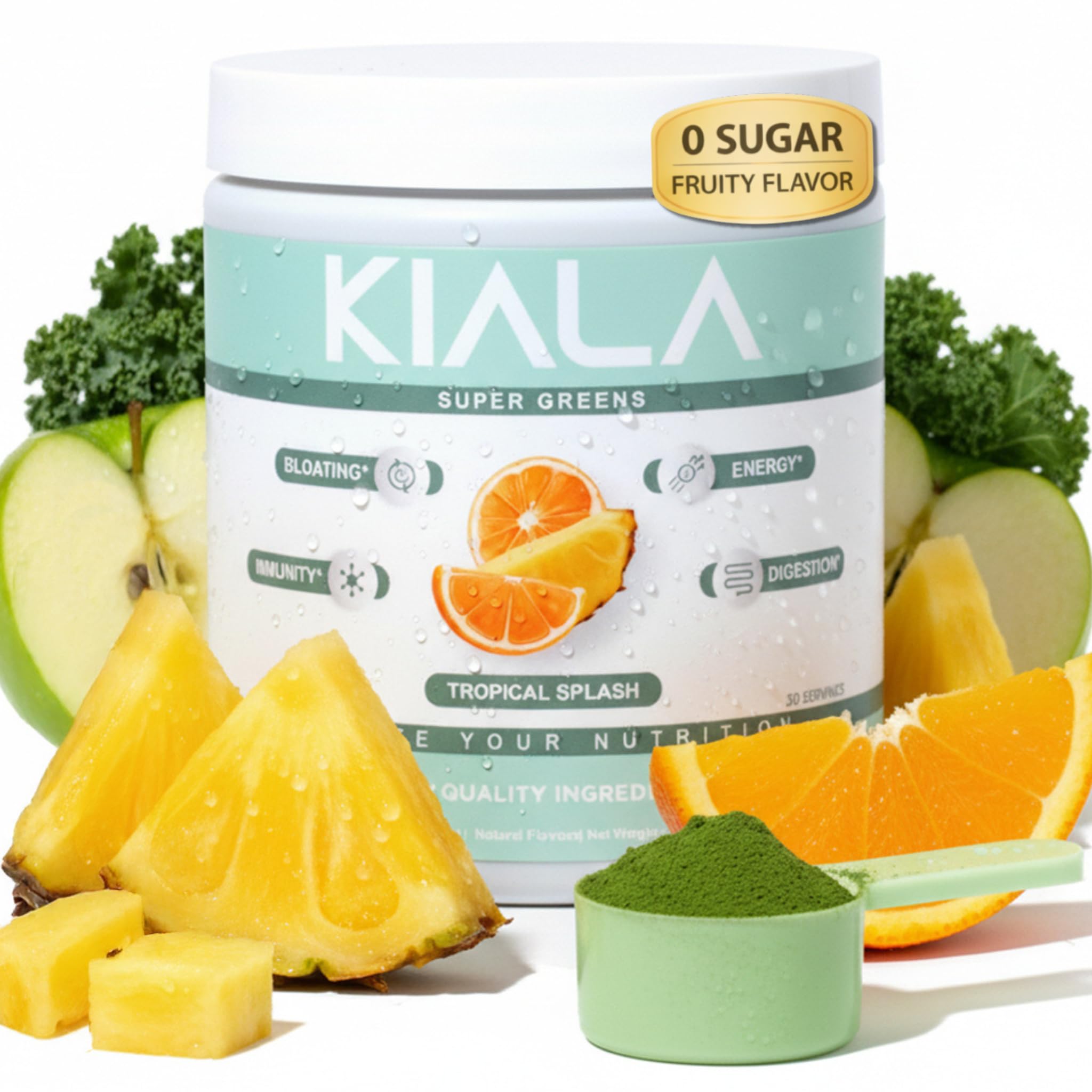 Kiala Nutrition Super Greens - Organic Greens Powder to Reduce Bloat, Support Gut Health, Boost Immunity, Healthy Digestion for Women - Antioxidant Support - Spirulina - Chlorella - Tropical Splash