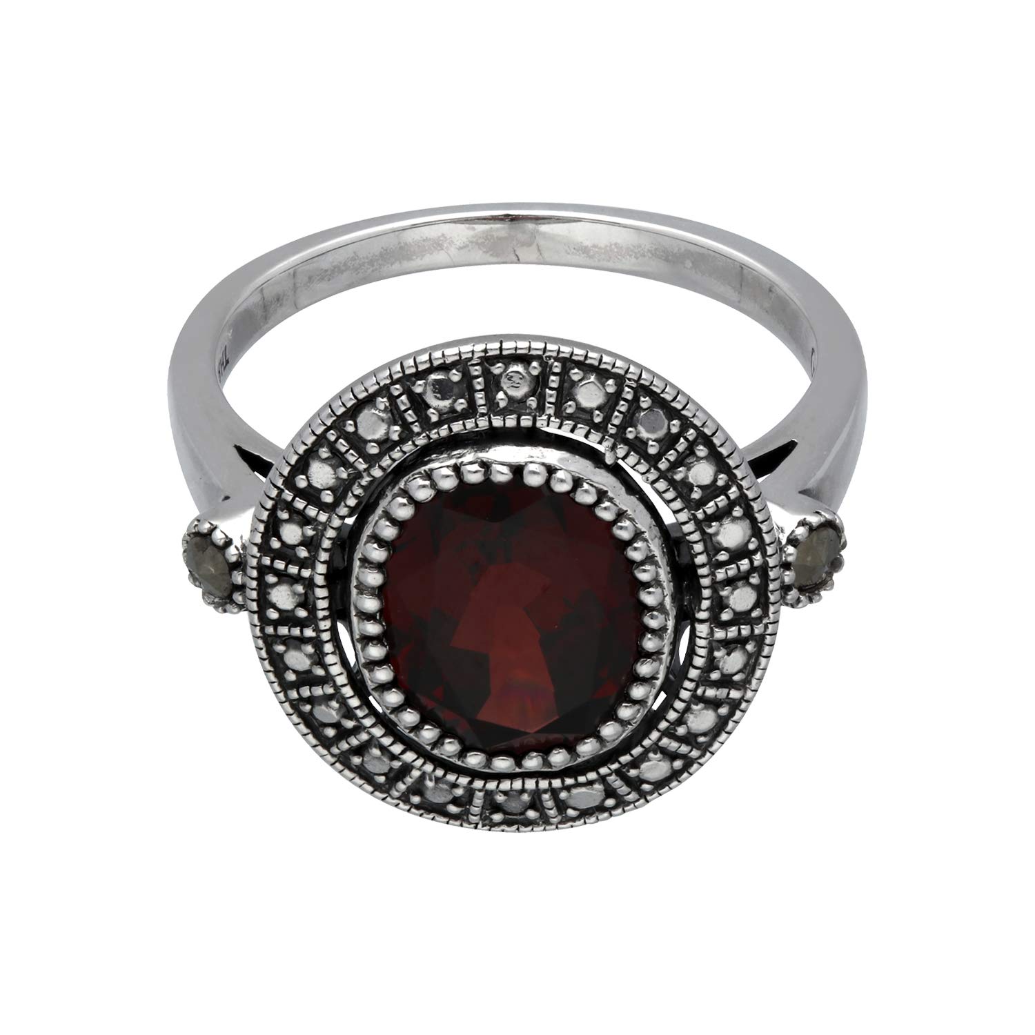 Gemondo USA Sterling Silver Garnet &amp; Marcasite Antique Style Cluster Ring Size 5, 6, 7, 8, 9, 10, and 11