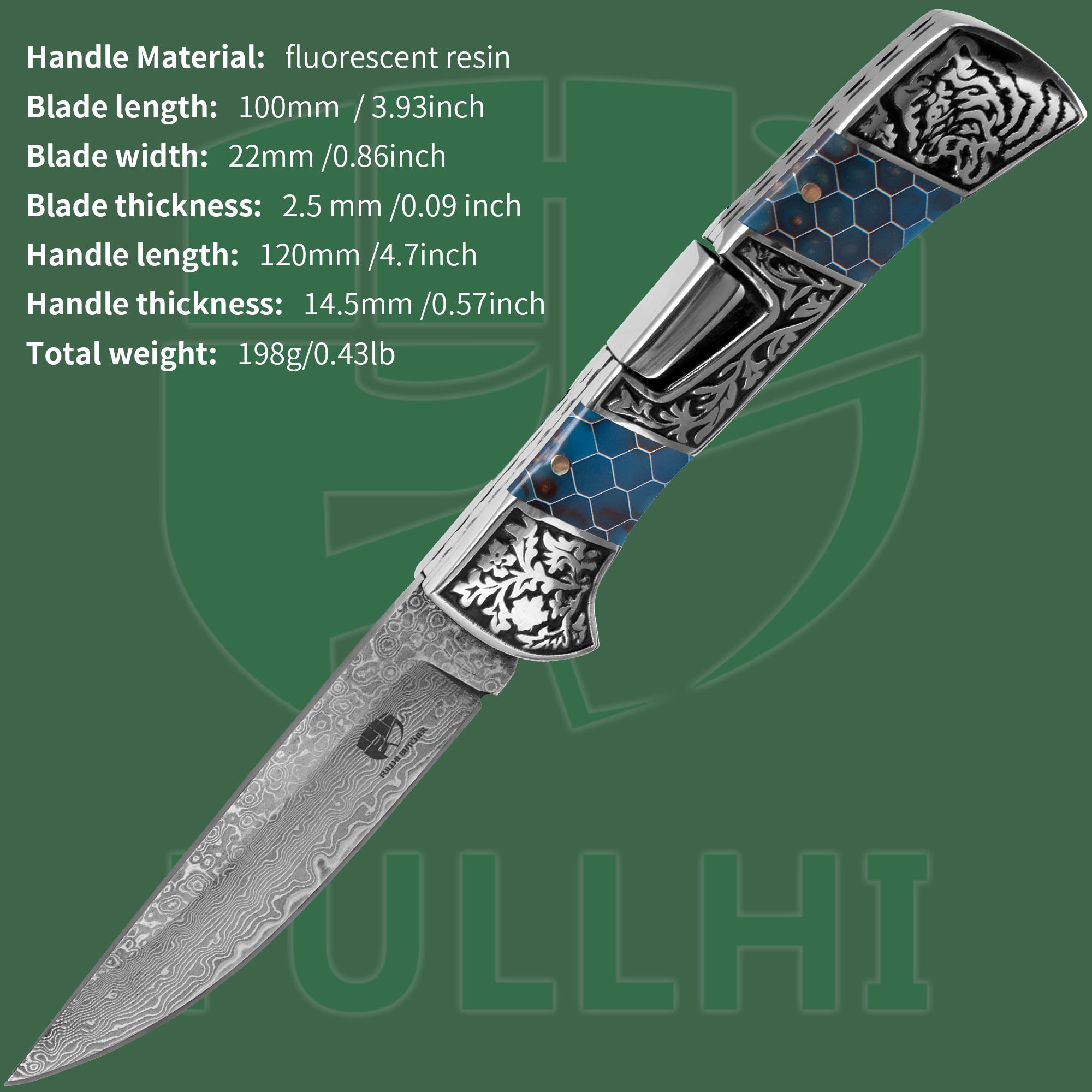 FULLHI 4“ Jagdmesser Damaszener Stahl Fluoreszierende Harz Griff Tasche Jagdmesser mit Clip und Fall Camping Wandern Survival (Blau)