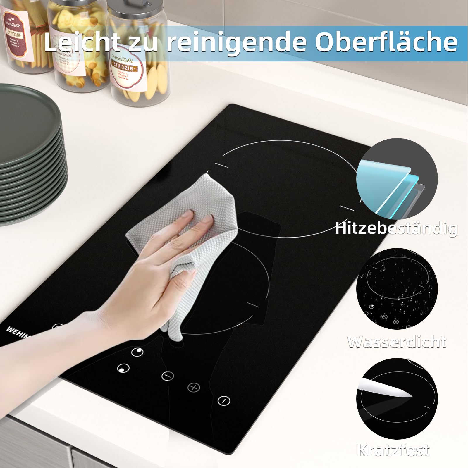 WEHIMO Glaskeramikkochfeld 2 Platten 3000W 29.5cm Domino Kochzonen Berührungssteuerung Kindersicherung Timer