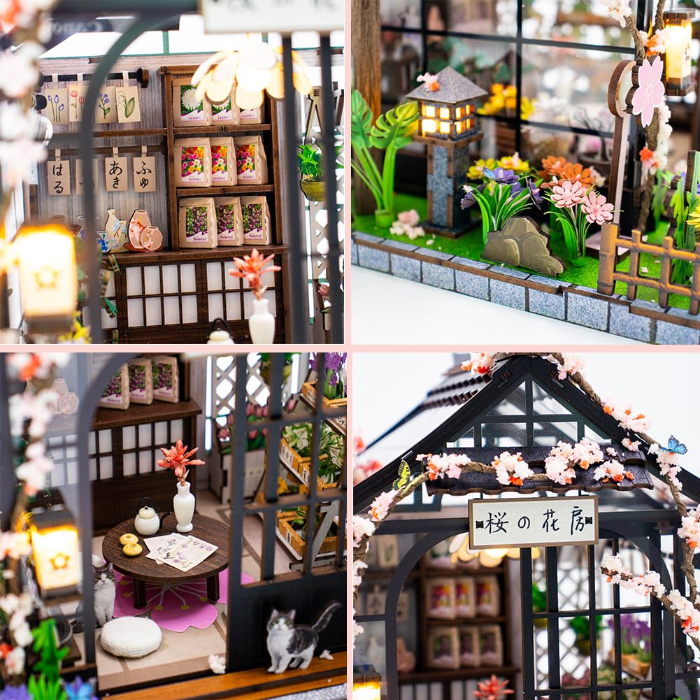 Casa delle bambole in miniatura in legno giapponese Sakura serra casa delle bambole fai da te kit costruzione villa modello 3D regali creativi per amici e genitori (con copertura