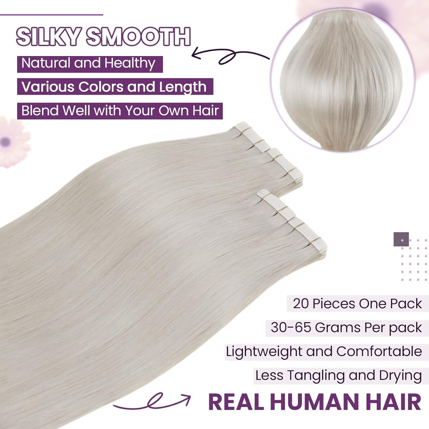 LaaVoo Blonde Tape Hair Extensions Real Human Hair 24 Inch Tape in Hair Extensions Human Hair Invisible Tapes Remy Straight White Blonde Hair Double Sided Tabs 20pcs 50g #60 - Image 2