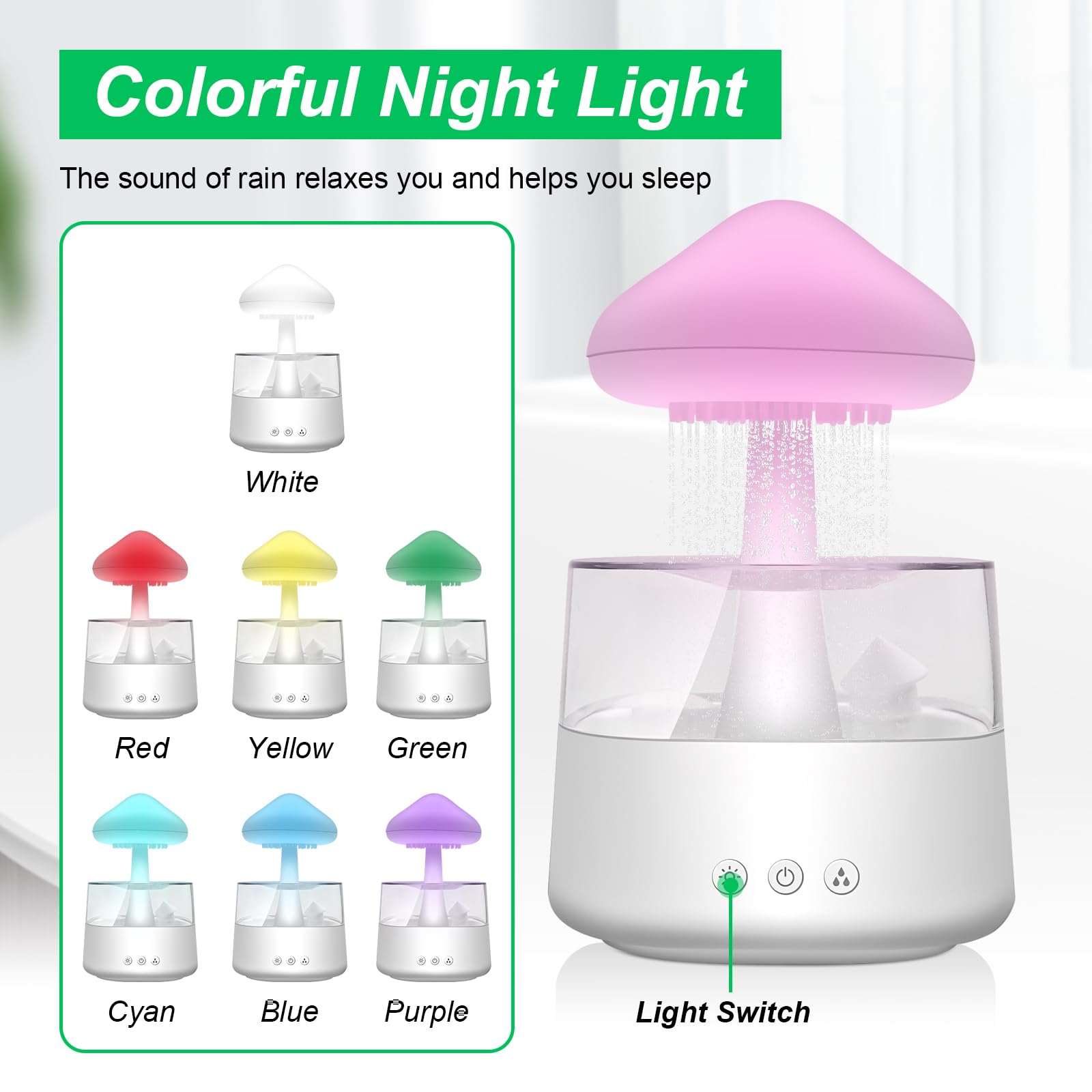 Humidificateur d’Air Effet Pluie 450ml - Diffuseur d’Huiles Essentielles avec Lampe Champignon, Nuage de Pluie, 7 LED Multicolores, Silencieux pour Chambre, Bureau, Maison (Blanc)
