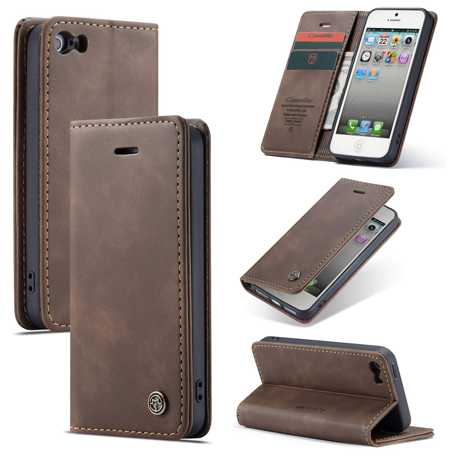 Photo 1 of Cracedily for iPhone 5 / iPhone 5S / iPhone SE (2016) Case, Flip Wallet Leather Case with Card Holder Magnetic Closure Shockproof Kickstand Protective Phone Cases Cover for iPhone 5S,Coffee