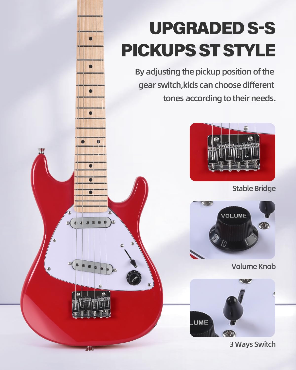 Winzz 30-Zoll-E-Gitarren-Einsteiger-Set für Kinder, Junior-E-Gitarre im Mini-Format (1/4 Größe) für Kinder, Komplettset für Einsteiger mit Verstärker, Glänzende Rote Farbe