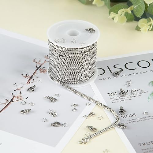 Miniatura 6 de YOUBEIYEE Cadena de plata a granel, suministros para hacer joyas, cadena de eslabones de acero inoxidable 304 para collar, pulsera, bricolaje con