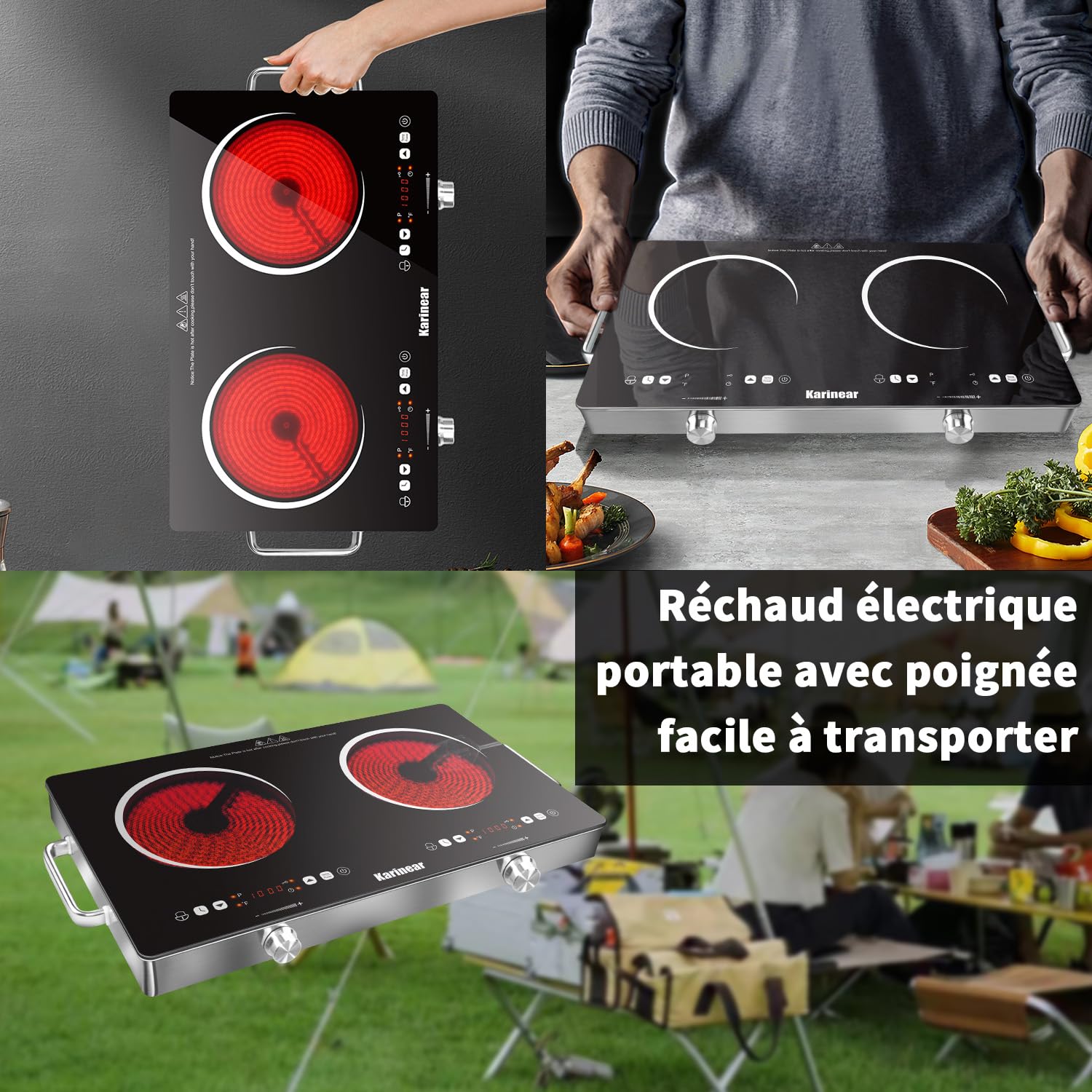 Karinear Plaque Vitrocéramique 2 Feux Portable avec Poignée