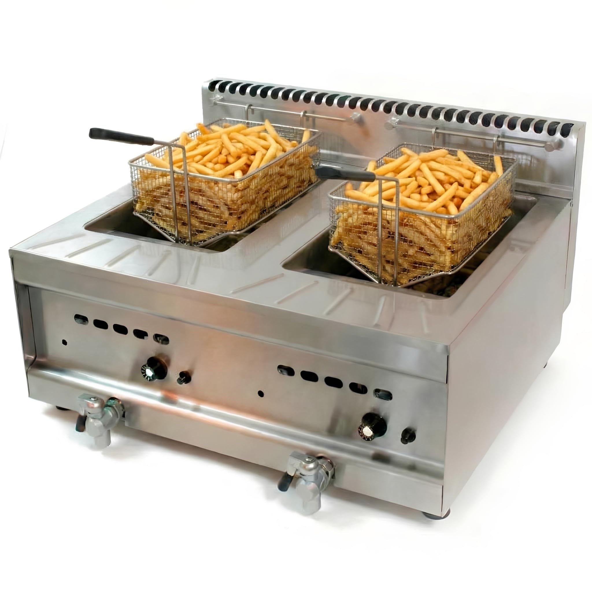 MBH - Freidora a gas profesional 20 litros 2 cubas con grifo de vaciado para hostelería. Freidora doble de sobremesa industrial para cocina de restaurante.