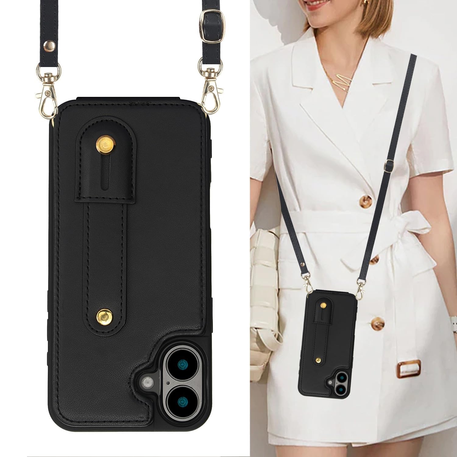 Custodia per iPhone 16 PRO Max/ 16 PRO/ 16 Plus/ 16 Custodia, Cover Supporto Dita, Laccio Collana Tracolla Regolabile Antiurto Sottile Case(Nero,16 PRO)
