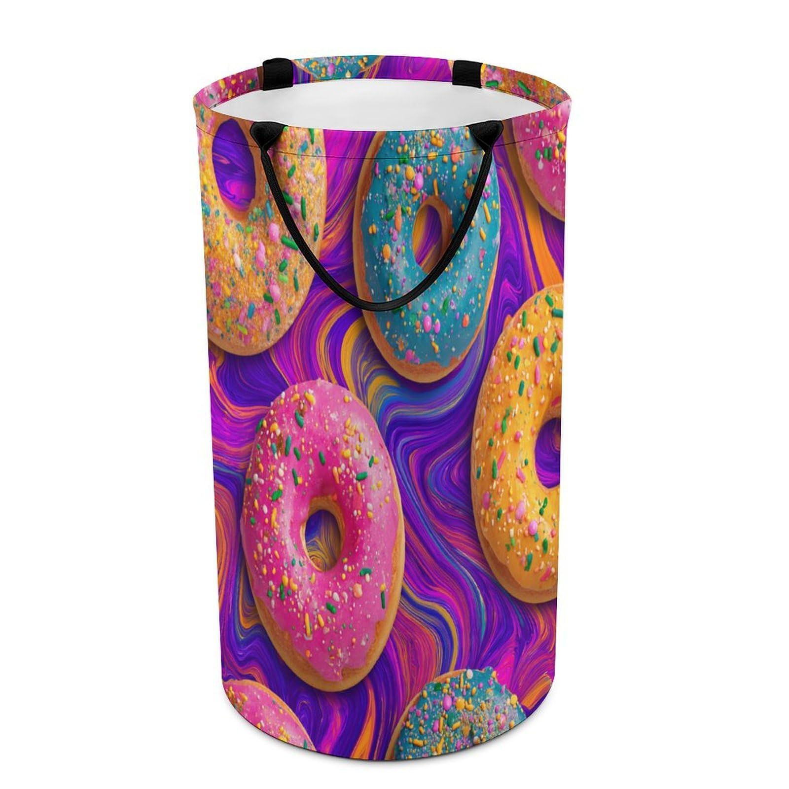 LUYYSKY Cute Watercolor Colorful Donut Versatile Storage Laundry Basket, Minimalist Exotic Sweets Food Theme Donuts Pattern Large Capacity Bathroom Hamper With Handle