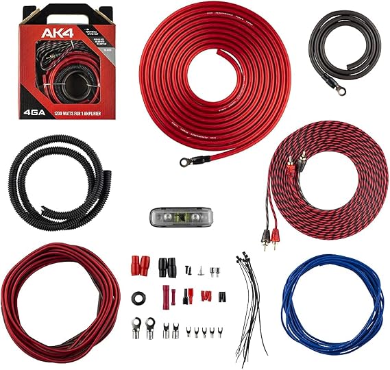 DS18 AK4 Complete 4 Gauge CCA Amplifier Installation Wiring Kit - Ampkit Helps Make Connections, Brings Power to Your Radio, Subwoofers, Speakers with Super Flex Wire - 1200W for 1 Amplifier