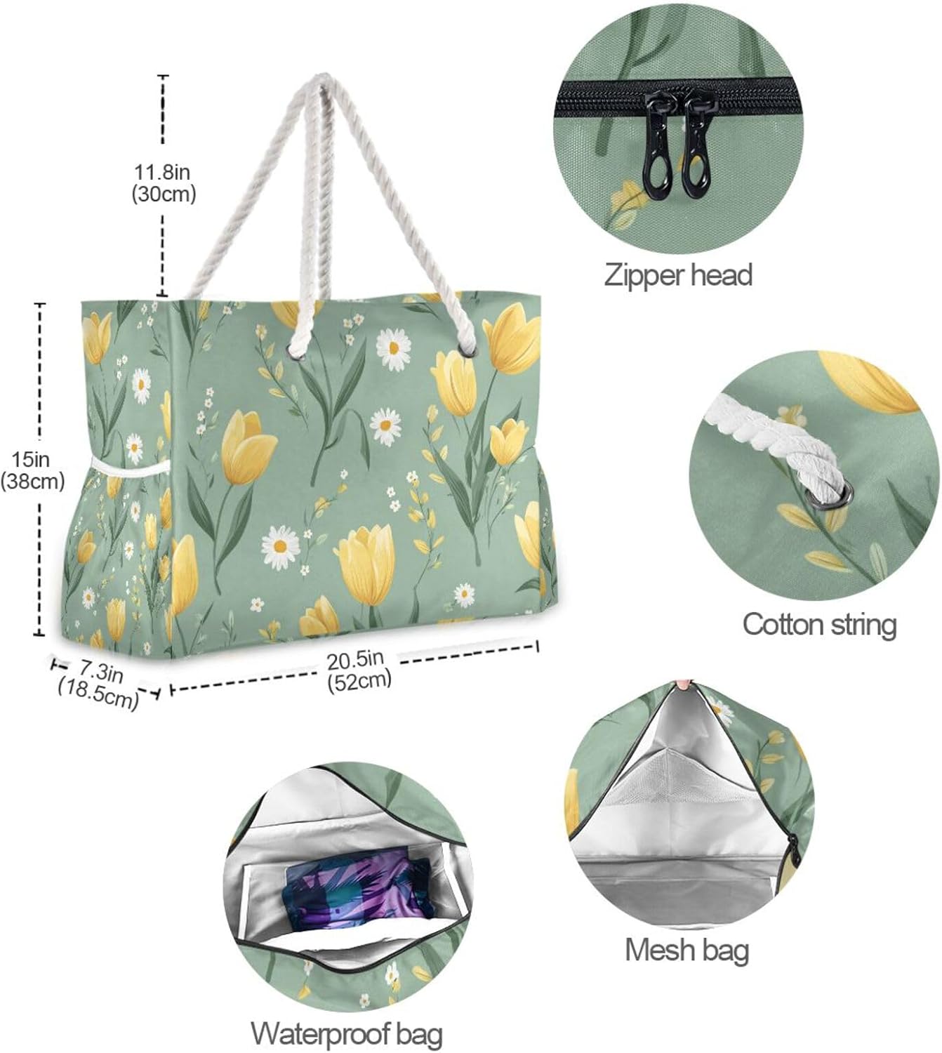 OTVEE Yellow Tulips and Leaves Pattern Beach Bags for Women Ladies Large Canvas Tote Shoulder Bag Waterproof Travel Bags for Gym Swim Pool Camping